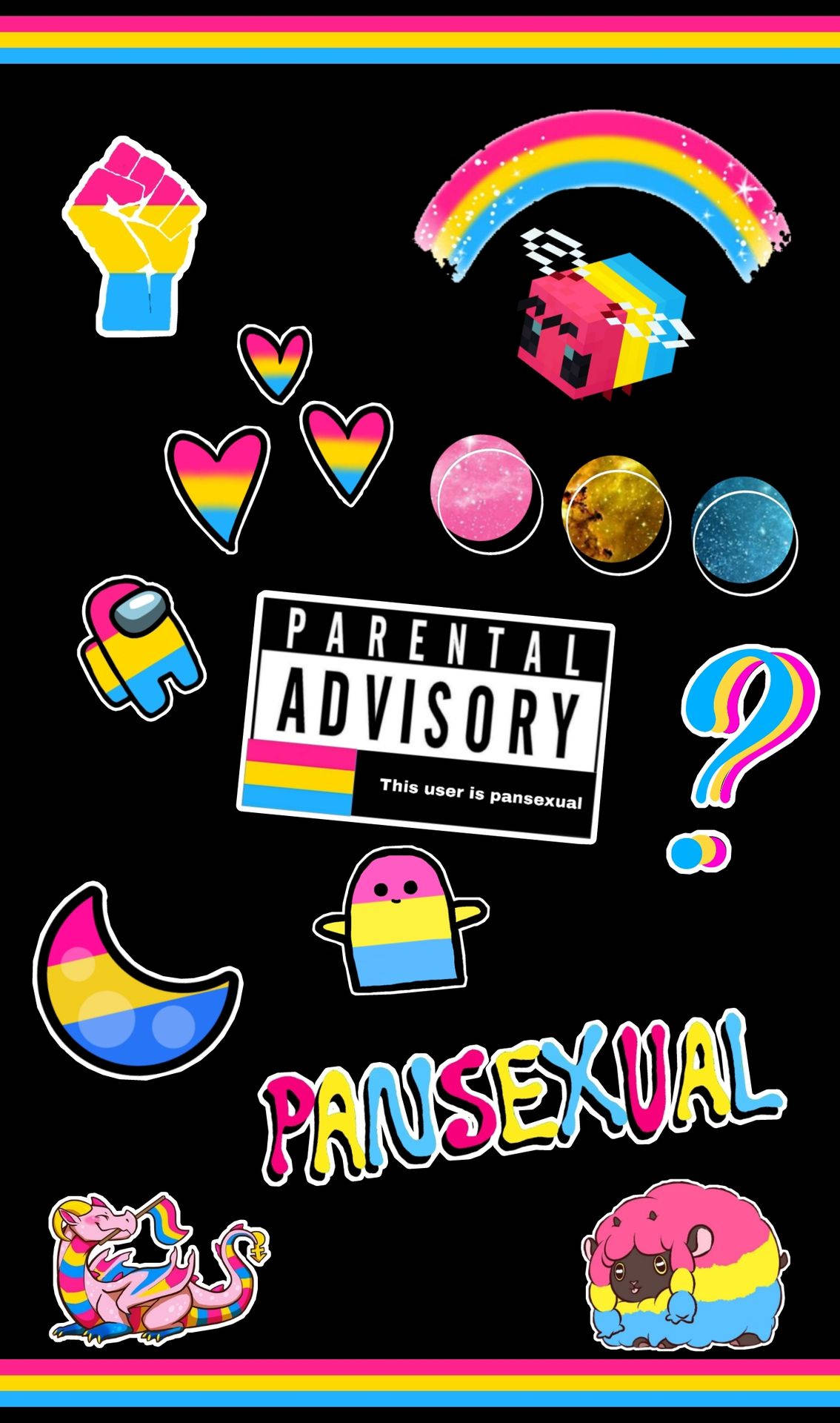 Pansexual 桌布 壁紙 — 充滿活力的霓虹彩虹圖標和符號在黑色背景上慶祝泛性戀，並帶有家長指引貼紙。
