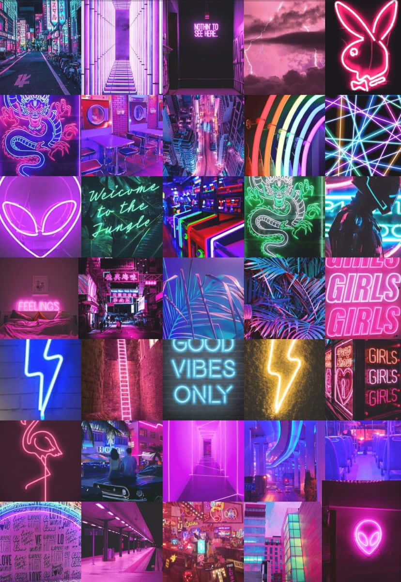 Neon Aesthetic Phone 桌布 壁紙 — 充滿活力的霓虹拼貼畫，以發光標誌、龍、外星人和城市場景為特色，採用電光粉紅、紫色和藍色調。