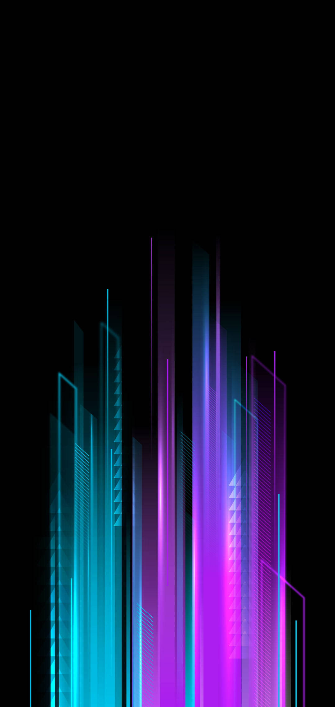 Dark Neon 桌布 壁紙 — 充滿活力的霓虹摩天大樓在漆黑的夜空中閃耀著電光藍和紫色。