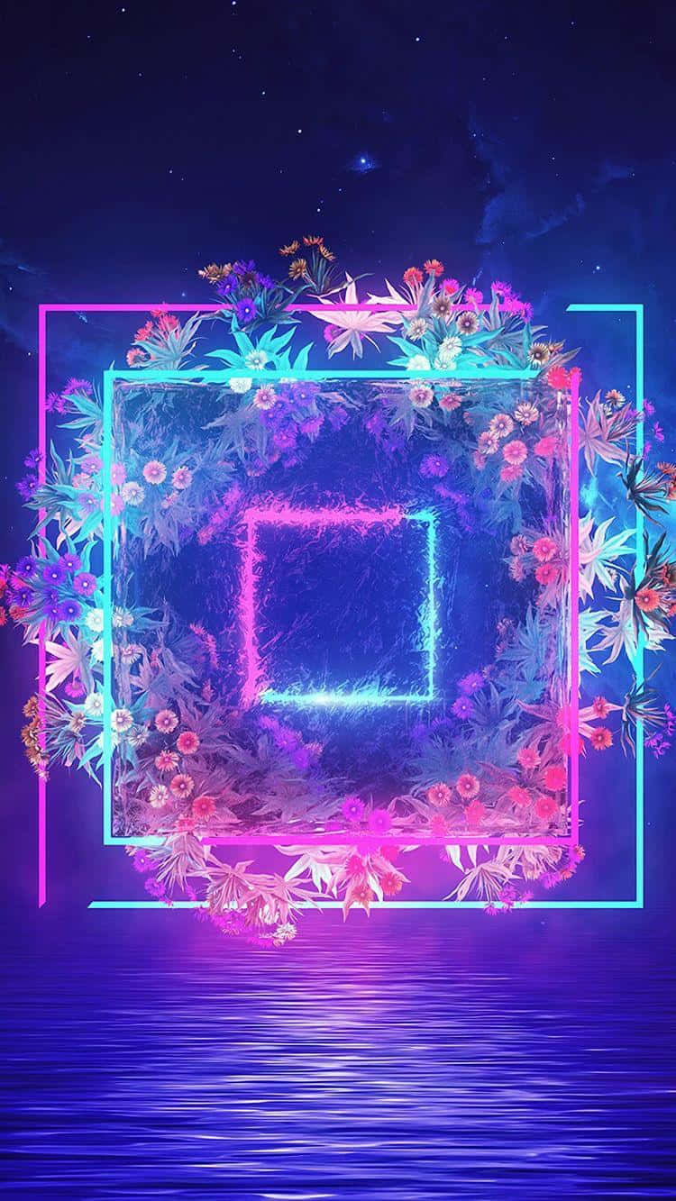 Chill Aesthetic 桌布 壁紙 — 充滿活力的霓虹方形框架，發光的花朵漂浮在星光燦爛的夜空下漣漪的水面上。