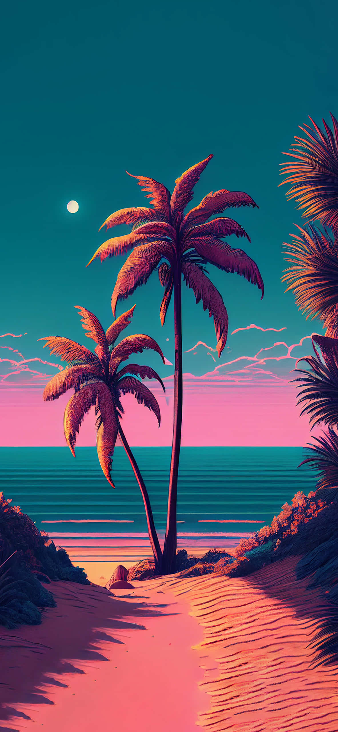 夏日美學動畫 桌布 壁紙 — 充滿活力的霓虹日落海灘場景，棕櫚樹在粉紅色沙灘上投下長長的影子，青綠色的天空下掛著一輪發光的月亮。