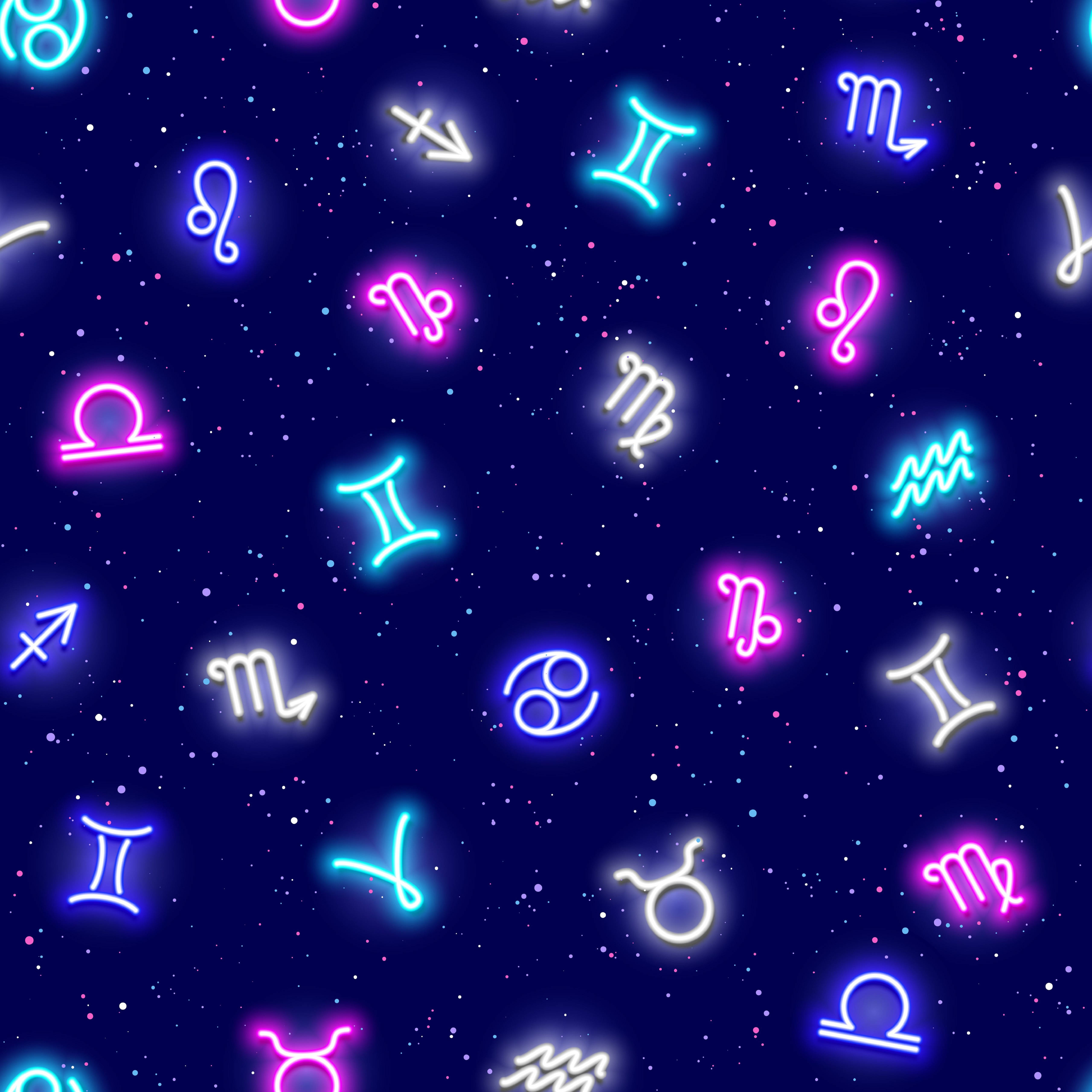 zodiac 桌布 壁紙 — 充滿活力的霓虹星座符號在星光燦爛的宇宙夜空中以重複圖案發光。