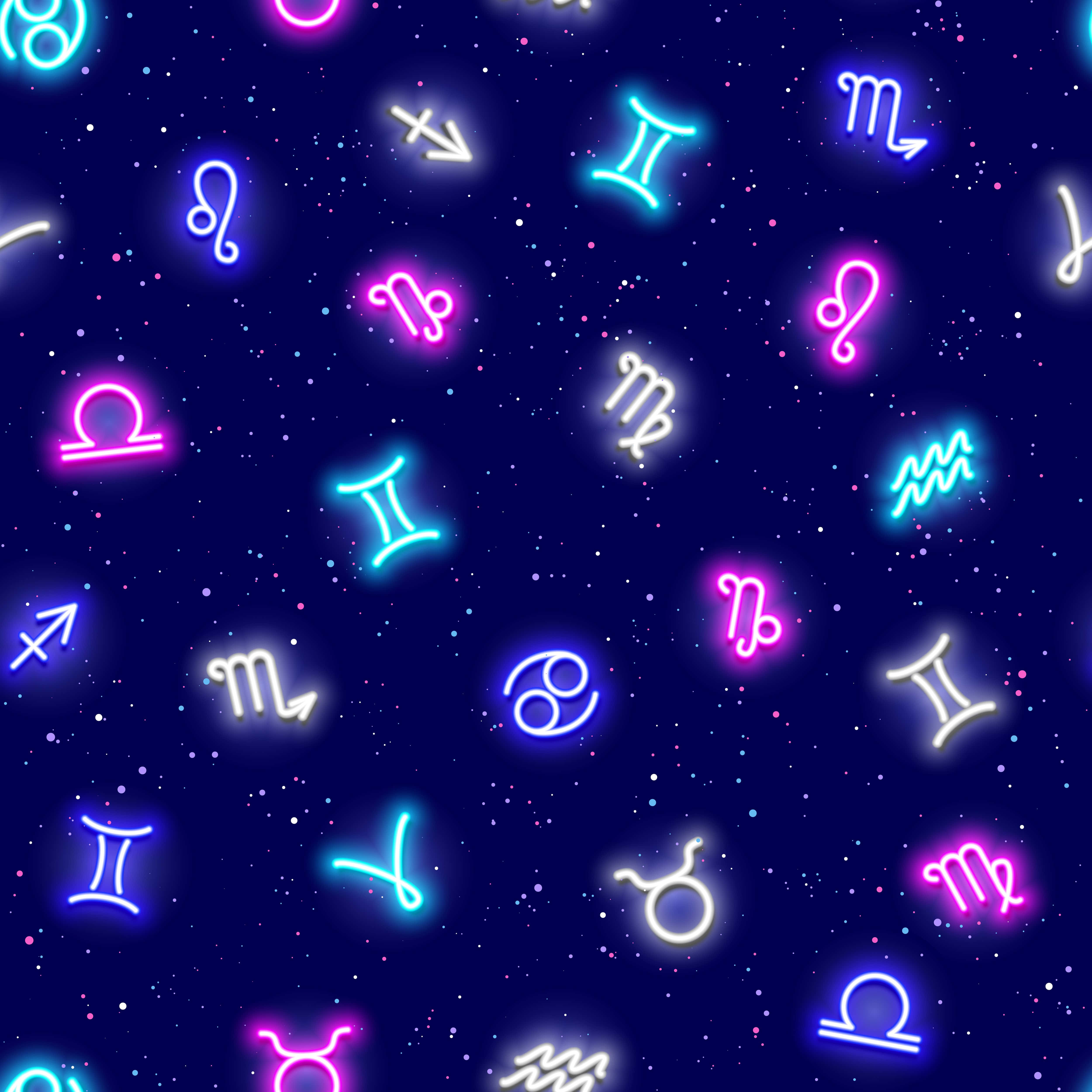 星座 桌布 壁紙 — 充滿活力的霓虹星座符號在繁星點點的宇宙夜空中以重複圖案發光。