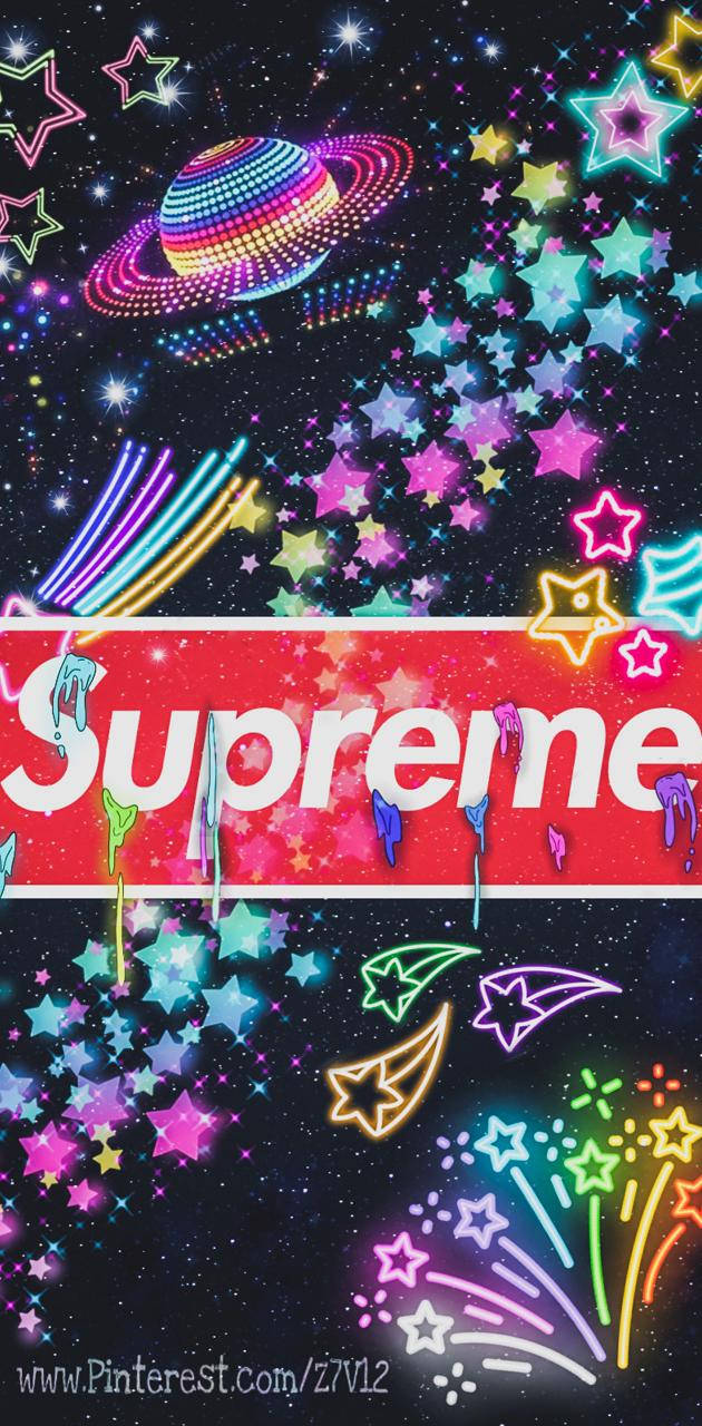 太陽系 桌布 壁紙 — 充滿活力的霓虹星星和彩虹行星圍繞著滴落的Supreme標誌，在宇宙夜空背景下旋轉。