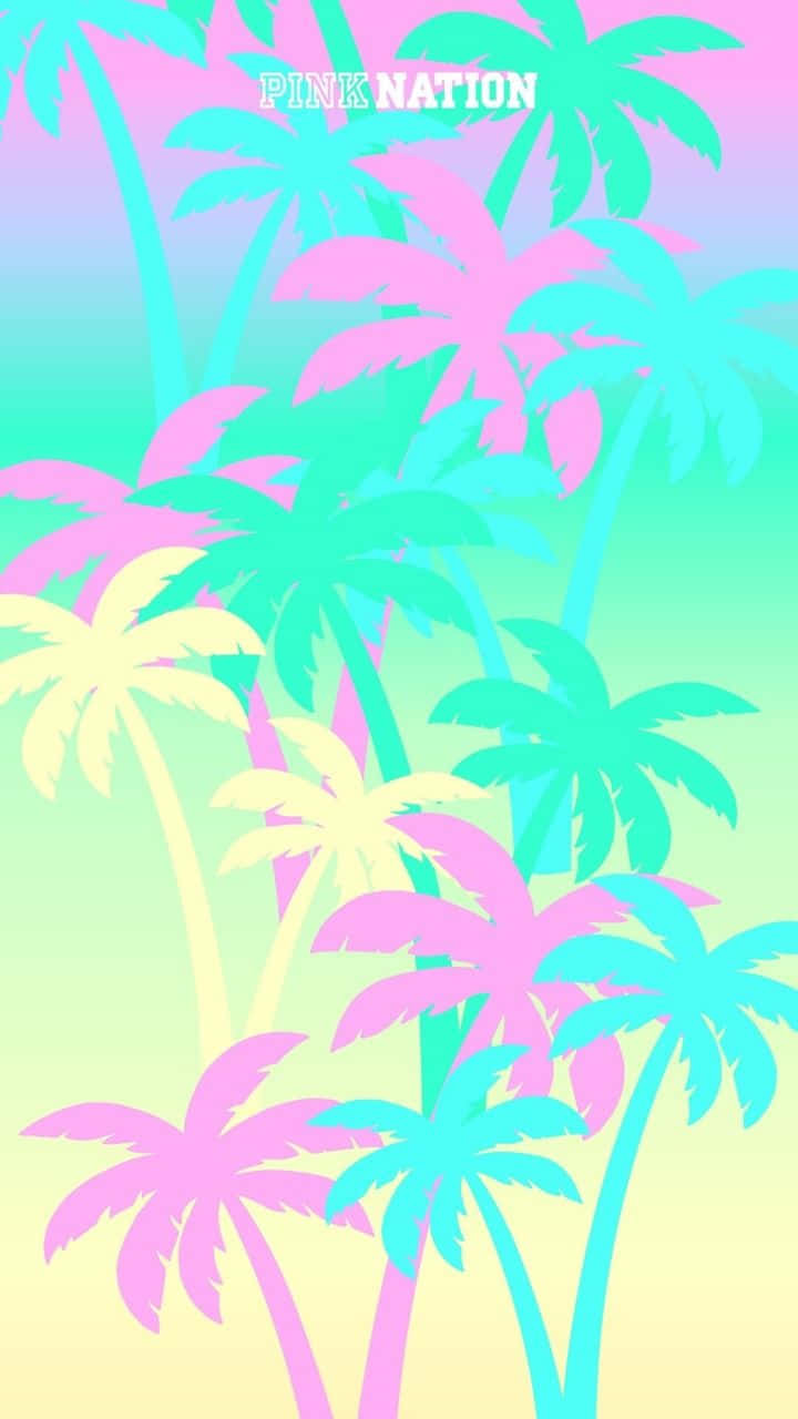 桌布 壁紙 — 充滿活力的霓虹棕櫚樹，以粉紅、青色和黃色呈現，背景為漸變天空，營造出復古熱帶氛圍。