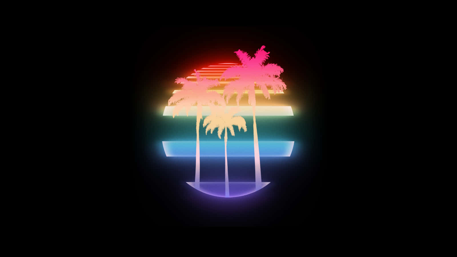 80s Vaporwave 桌布 壁紙 — 充滿活力的霓虹棕櫚樹在黑色背景上發光，帶有水平彩虹光帶。