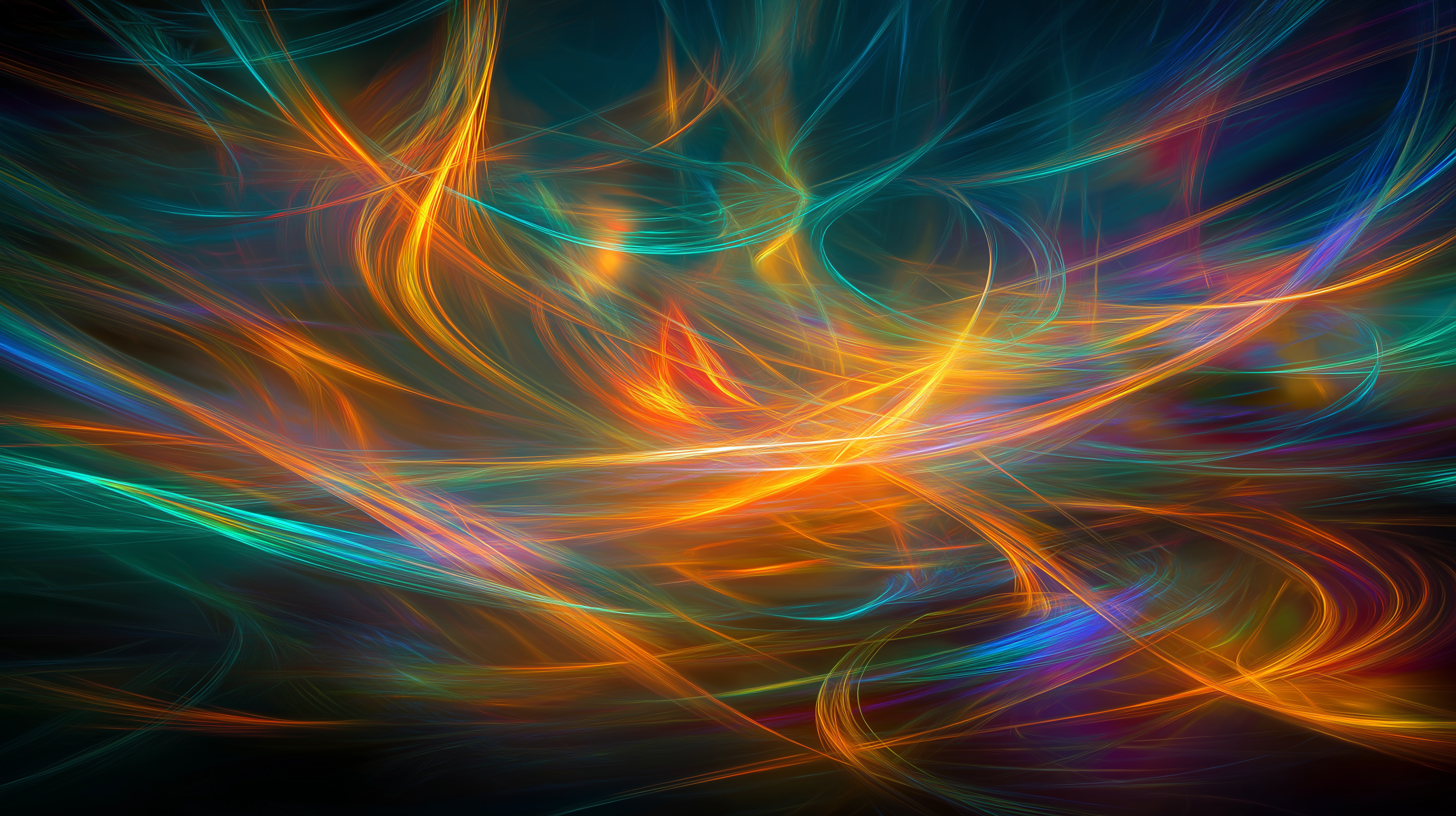 Patterns 桌布 壁紙 — 充滿活力的霓虹橙色、青色和藍色條紋在黑暗背景上動態旋轉，形成數位抽象構圖。