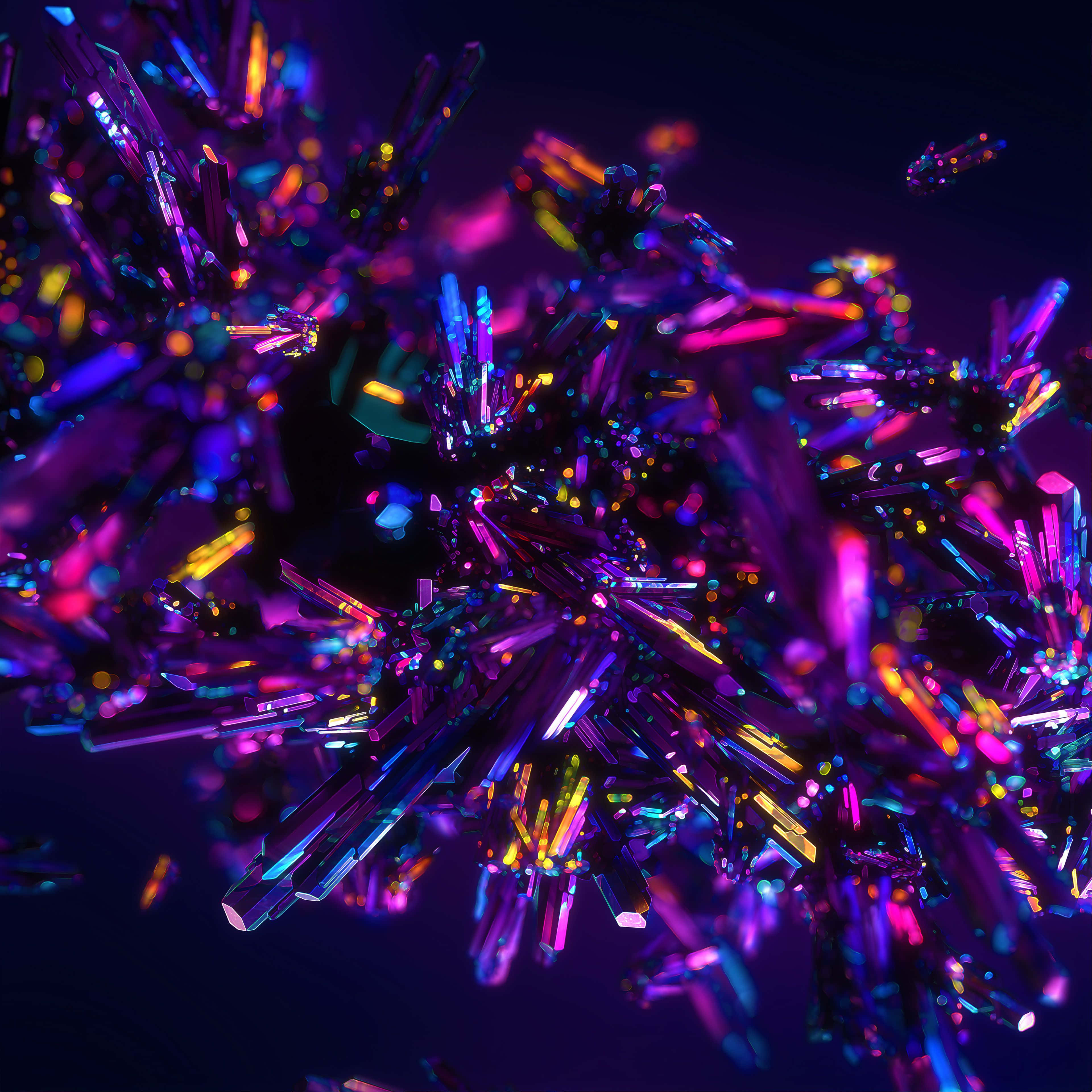 水晶 桌布 壁紙 — 充滿活力的霓虹水晶在深紫色虛空背景下散發出電光色調，營造出超現實的宇宙閃爍效果。