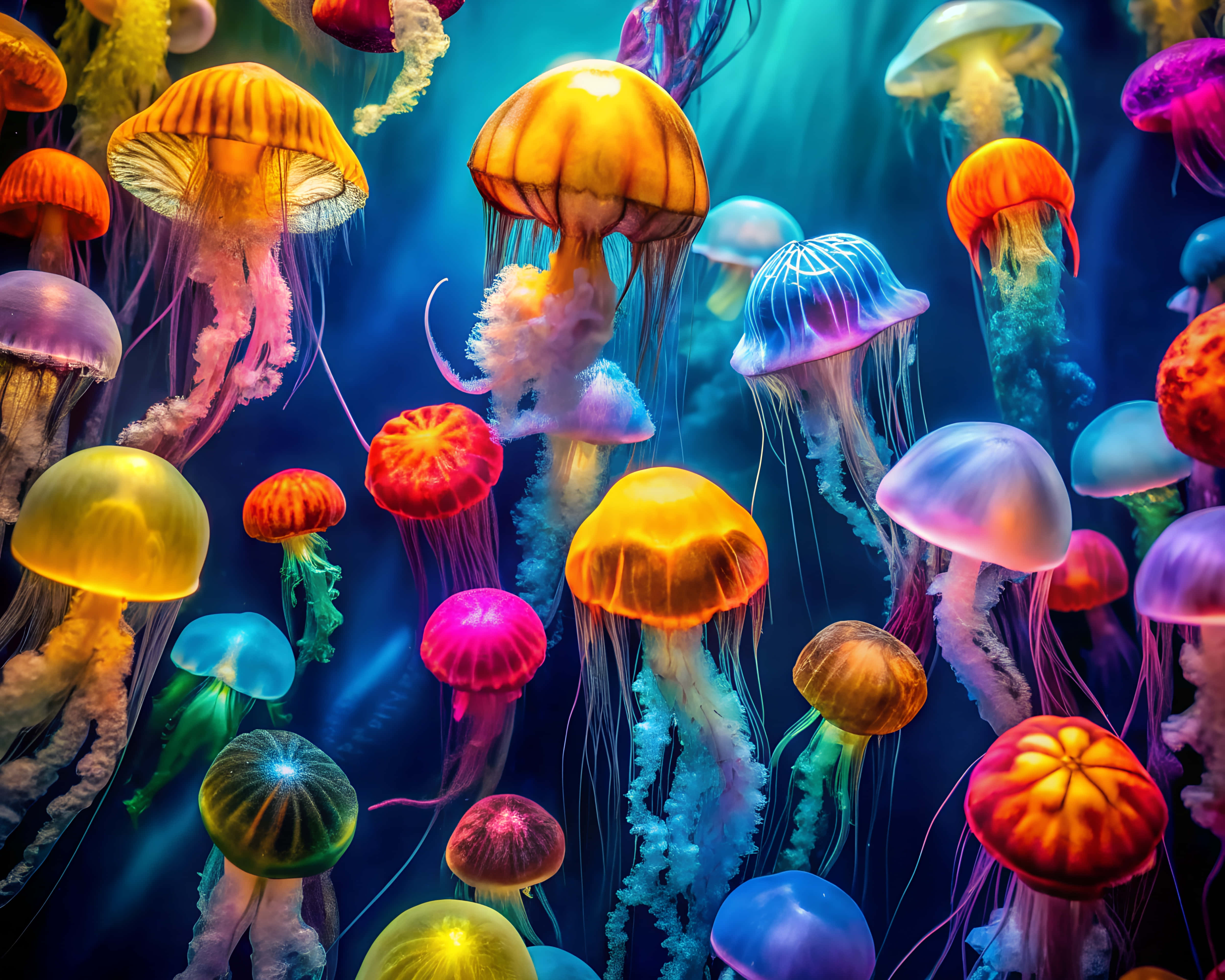 水母 桌布 壁紙 — 充滿活力的霓虹水母在深海海溝中發光，發光的觸手在藍光中飄動。