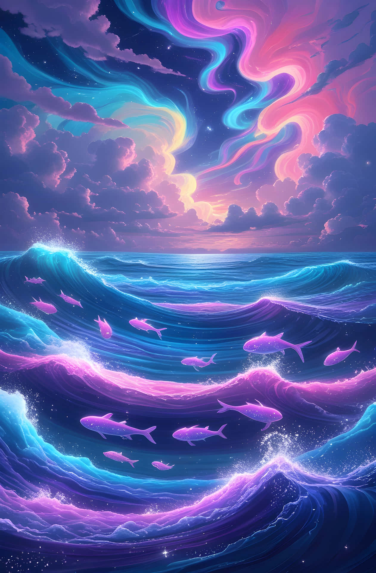 Aurora Beneath the Waves 壁紙 — 充滿活力的霓虹波浪在充滿發光魚類和星光的漩渦宇宙天空下洶湧澎湃。