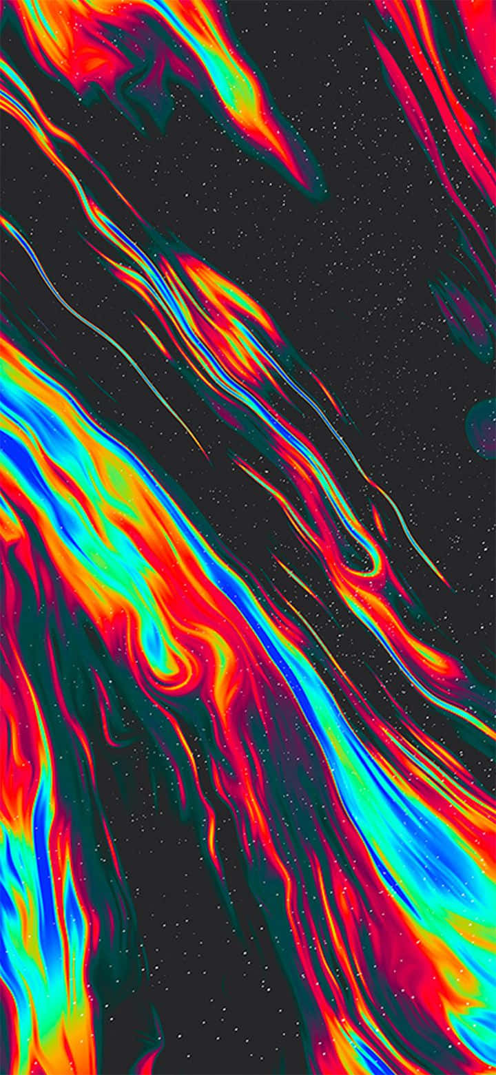 iPhone 11 桌布 壁紙 — 充滿活力的霓虹液體在繁星宇宙虛空中以火熱條紋流動，創造出迷幻的數位藝術作品。