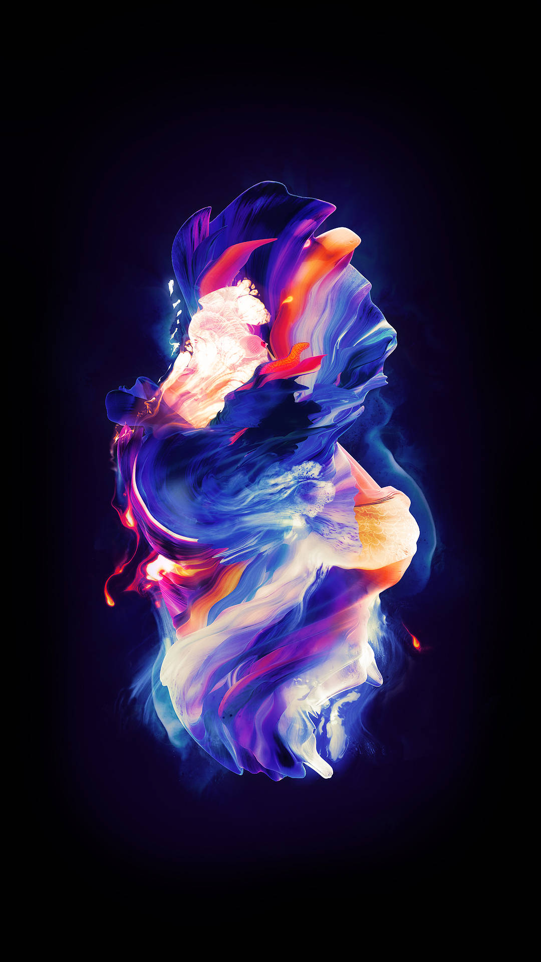OLED 桌布 壁紙 — 充滿活力的霓虹液體漩渦，以電光藍、粉紅和橙色在深黑色背景上發光。