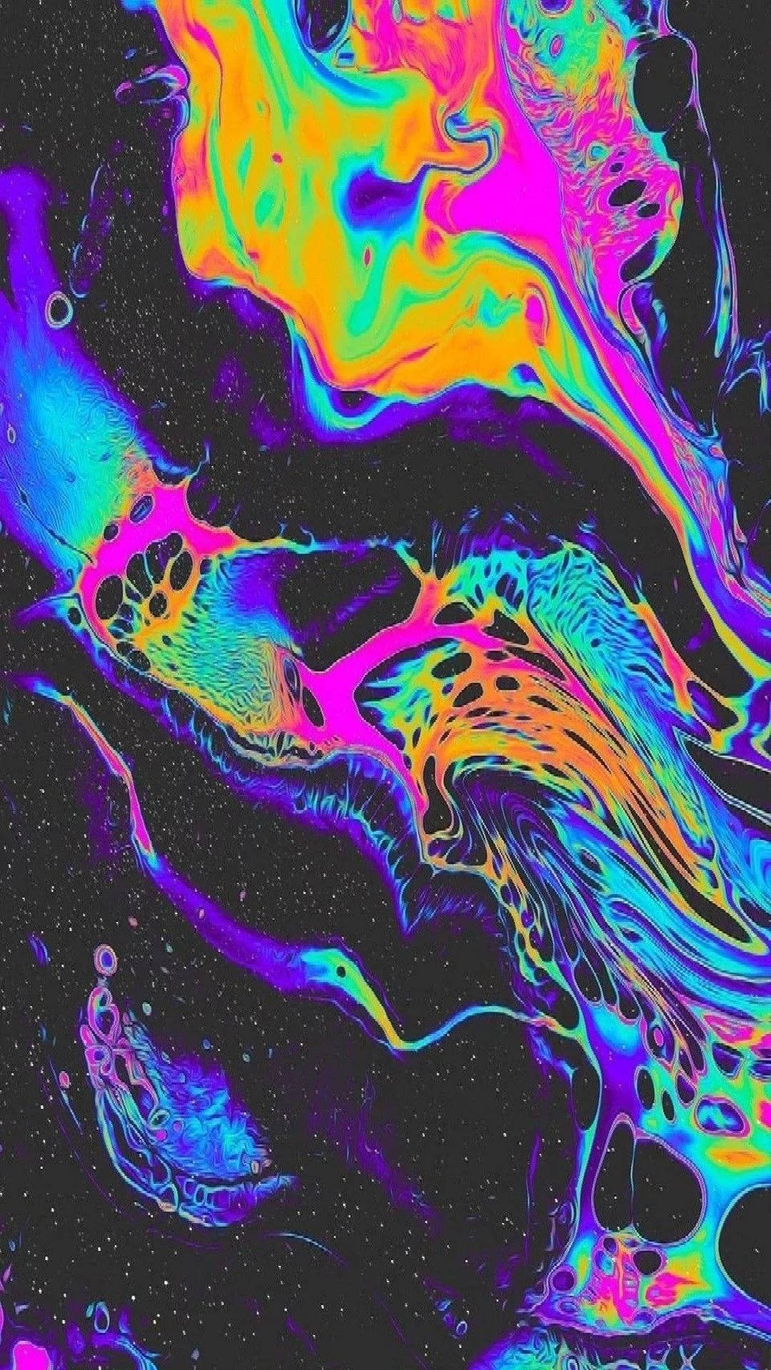 霓虹液體漩渦在星光點點的宇宙黑色背景上發光。 — 迷幻動圖 壁紙