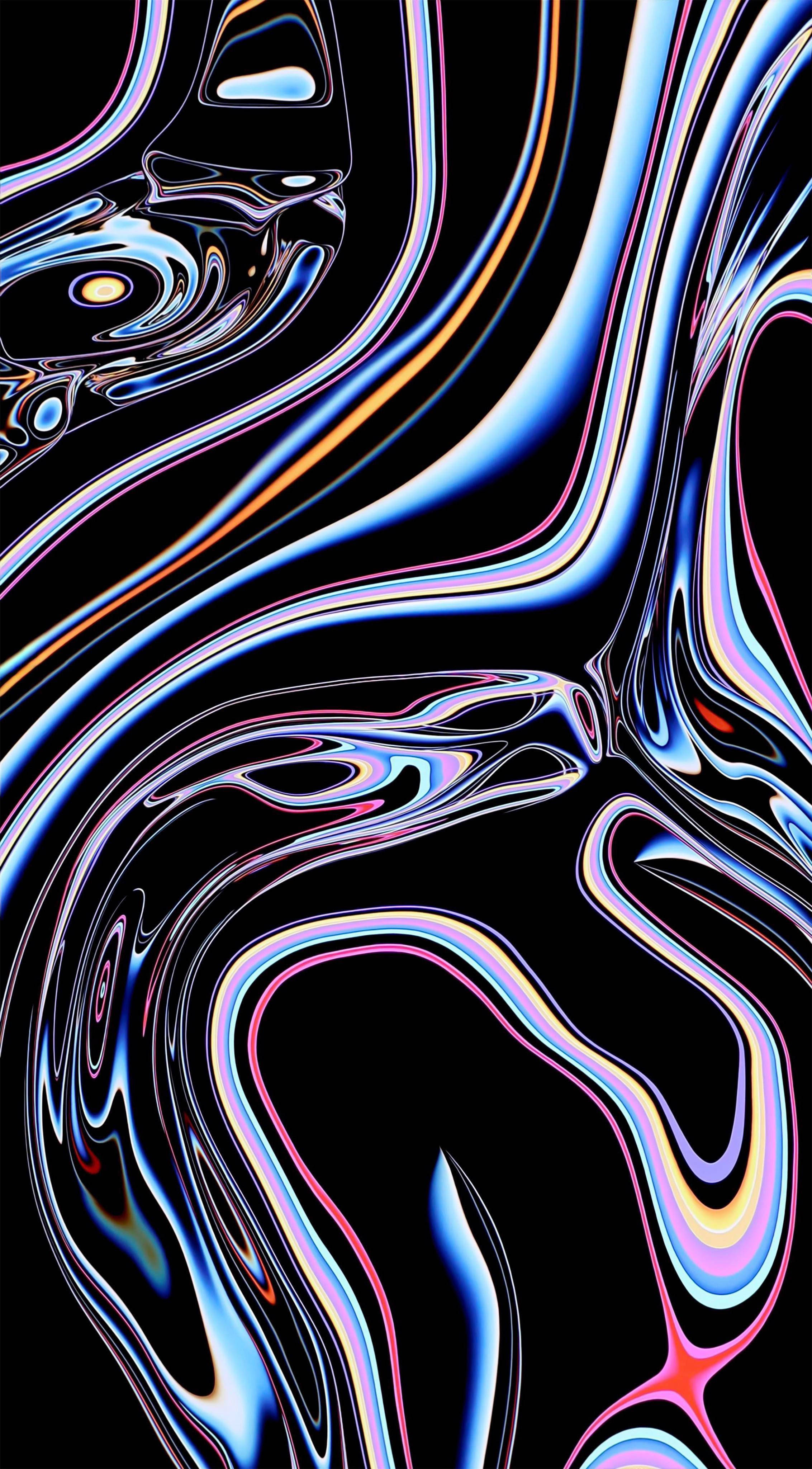 iOS 13 桌布 壁紙 — 充滿活力的霓虹液體漩渦在深黑色背景上動態流動，創造出迷人的數位抽象圖案。