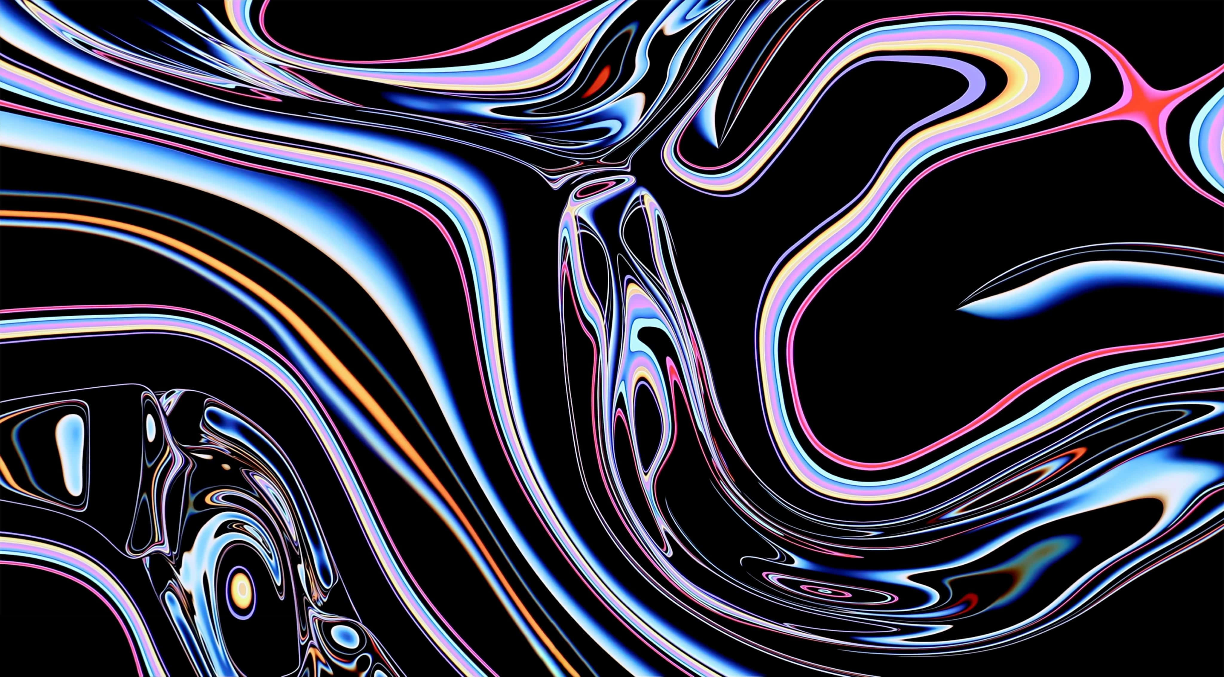桌布 壁紙 — 充滿活力的霓虹液體絲帶在純黑背景下以催眠曲線流動，營造出超現實的數位抽象。