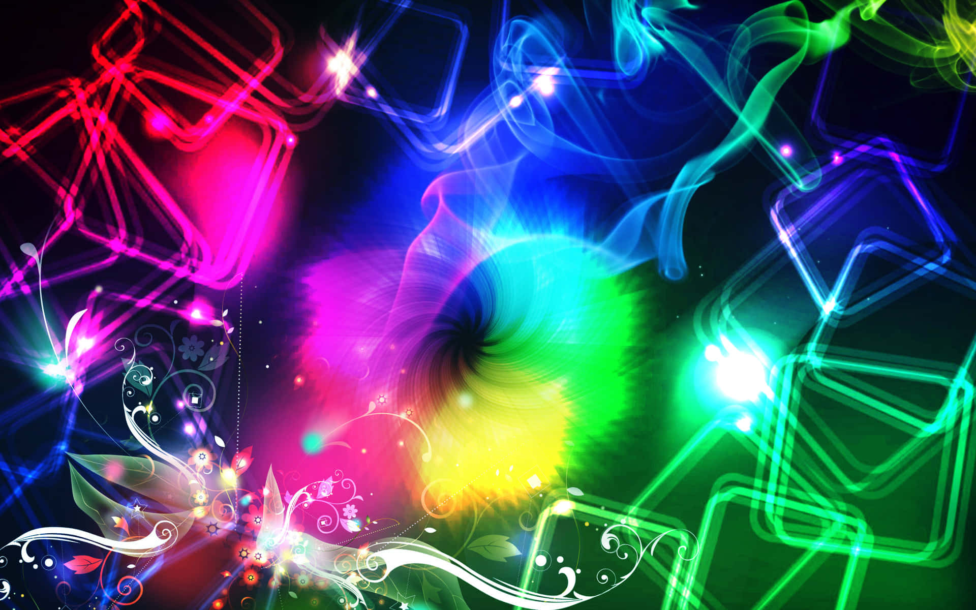 Cool Abstract 桌布 壁紙 — 充滿活力的霓虹漩渦和發光的幾何形狀在黑暗背景上爆發，形成動態的數位抽象構圖。