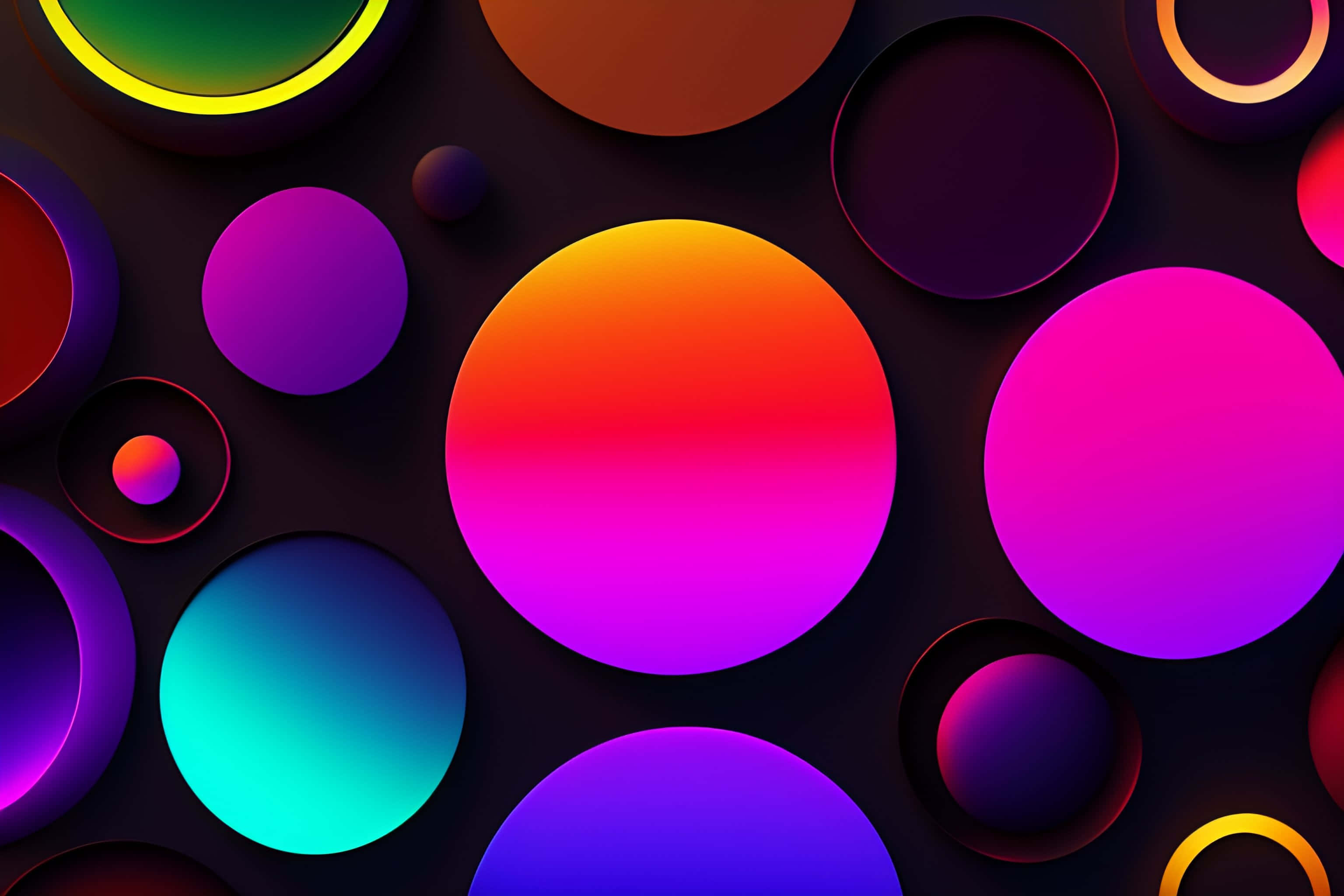 Minimalist Colorful 桌布 壁紙 — 充滿活力的霓虹漸變發光圓圈在黑暗背景上漂浮，營造出未來主義的抽象構圖。
