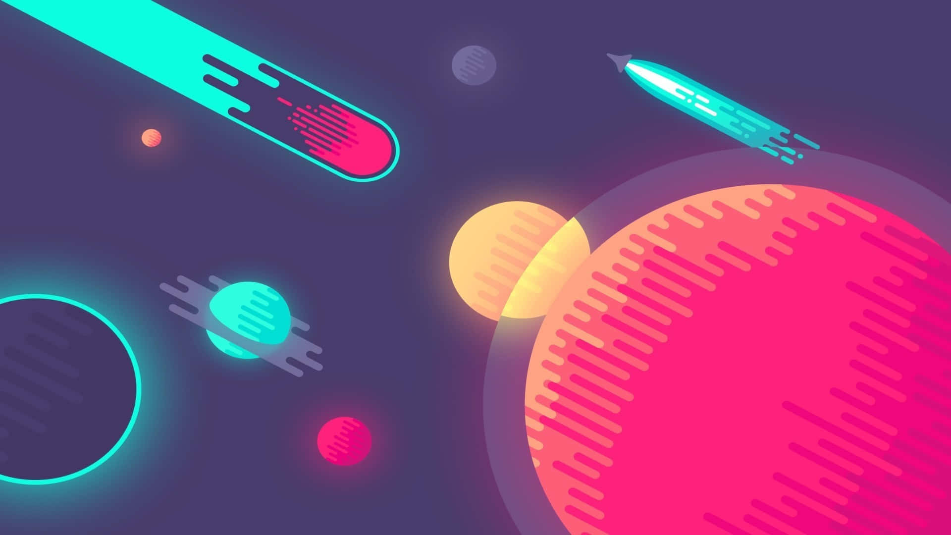 Minimalist Abstract 桌布 壁紙 — 充滿活力的霓虹火箭在風格化的宇宙場景中掠過色彩繽紛的行星，帶有發光的條紋和深紫色的太空。