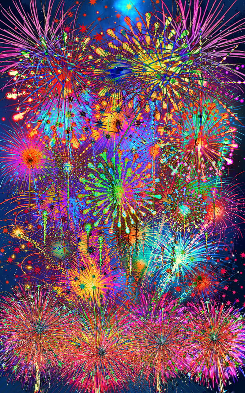 firework 桌布 壁紙 — 充滿活力的霓虹煙火在深邃的宇宙藍色夜空中綻放，形成耀眼的交響樂。