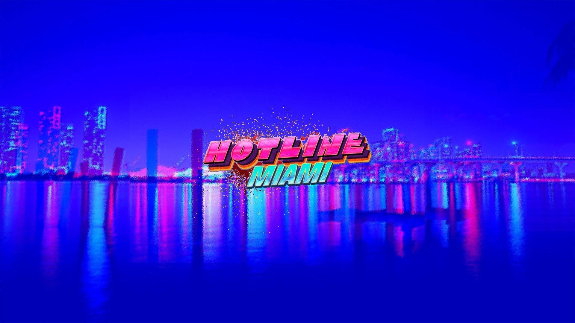 Miami 桌布 壁紙 — 充滿活力的霓虹燈 'Hotline Miami' 標誌在夜間發光的水面上反射的賽博朋克邁阿密天際線上爆炸。