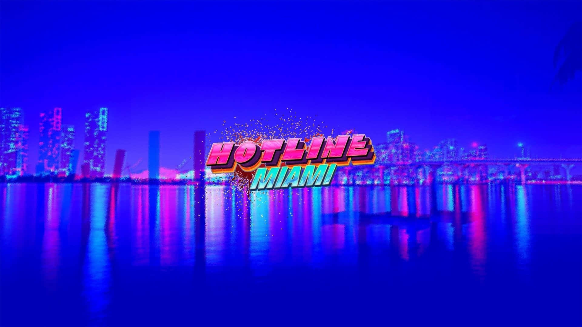 Hotline Miami 桌布 壁紙 — 充滿活力的霓虹燈「Hotline Miami」標誌在夜間發光的水面上反射的賽博龐克邁阿密天際線上爆炸。