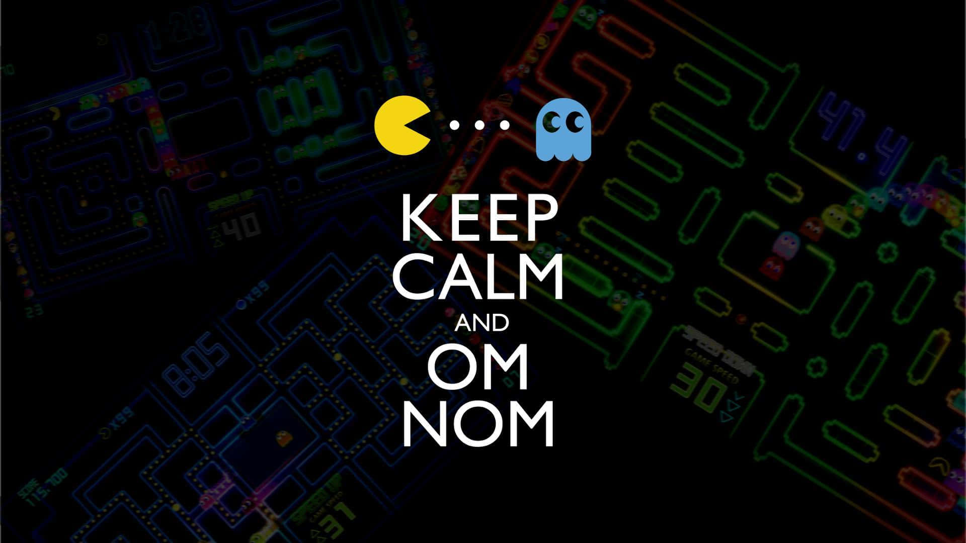 pac man 桌布 壁紙 — 充滿活力的霓虹燈 Pacman 迷宮，帶有標誌性角色和 'Keep Calm and Om Nom' 文字，在黑暗背景上發光。