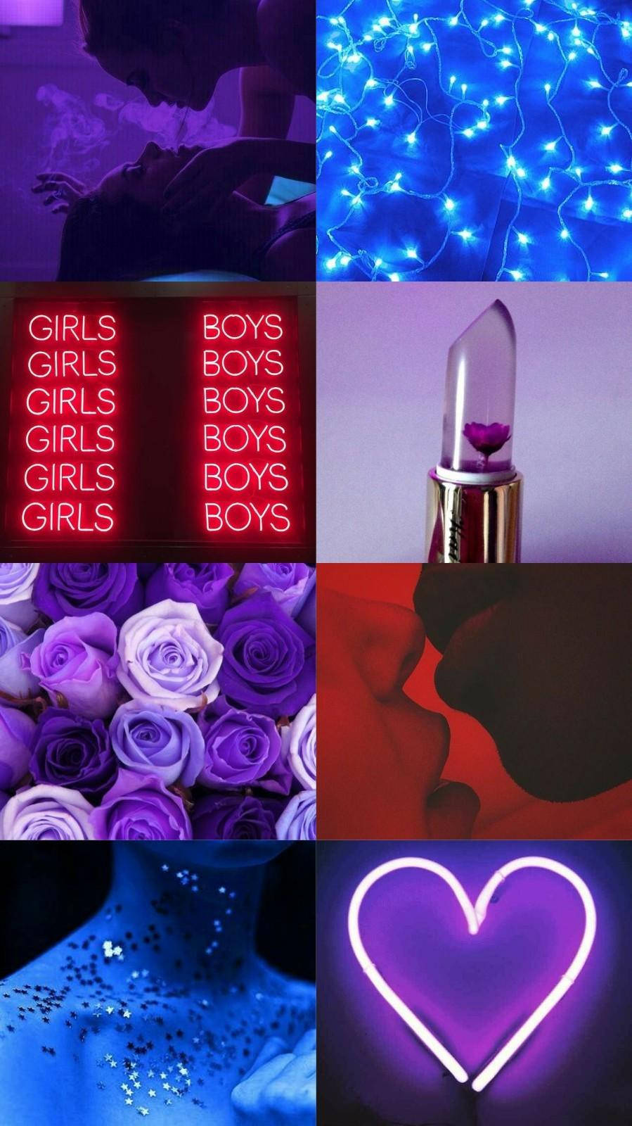 Bisexual Aesthetic 桌布 壁紙 — 充滿活力的霓虹燈、紫色玫瑰、發光唇膏和浪漫剪影的拼貼，營造出夢幻的夜生活美學。