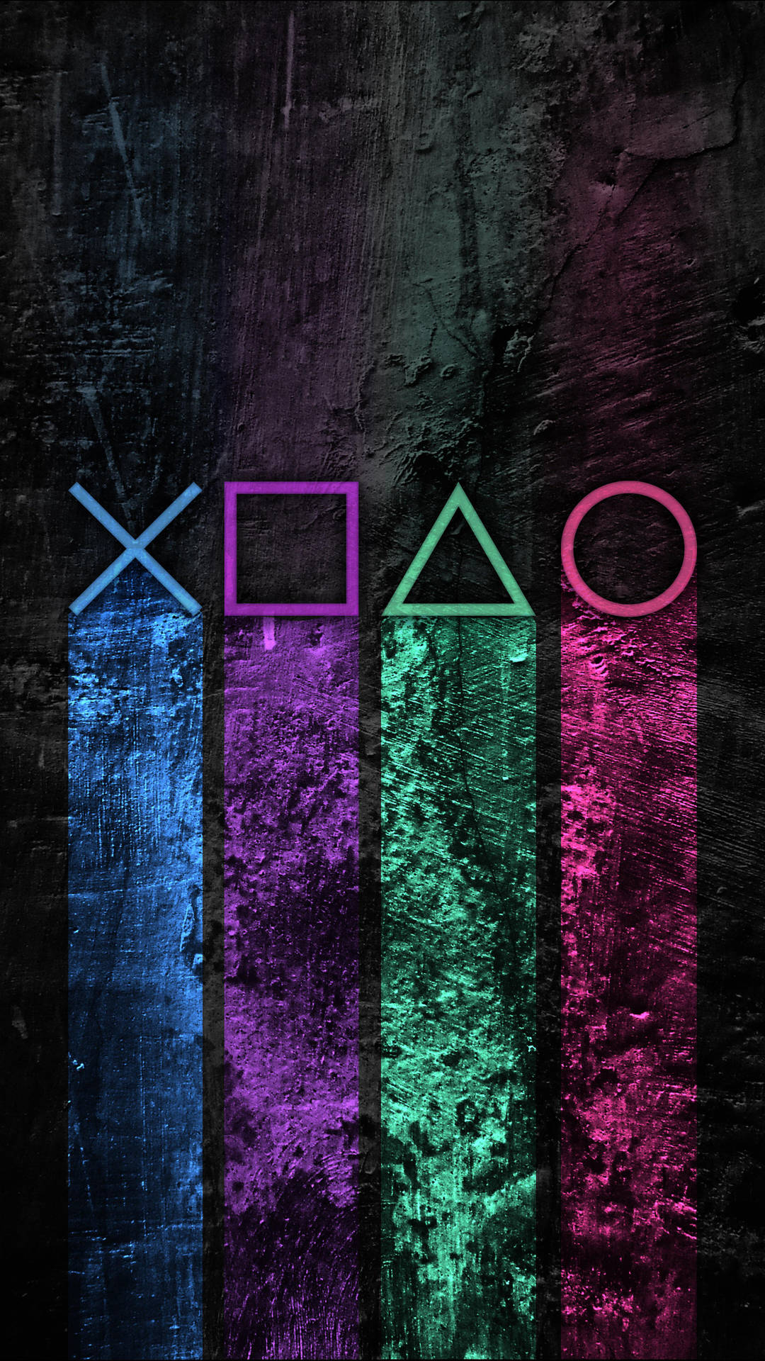 在帶有紋理的牆壁上以霓虹燈顏色顯示的PlayStation控制器符號。 — Ps4 壁紙