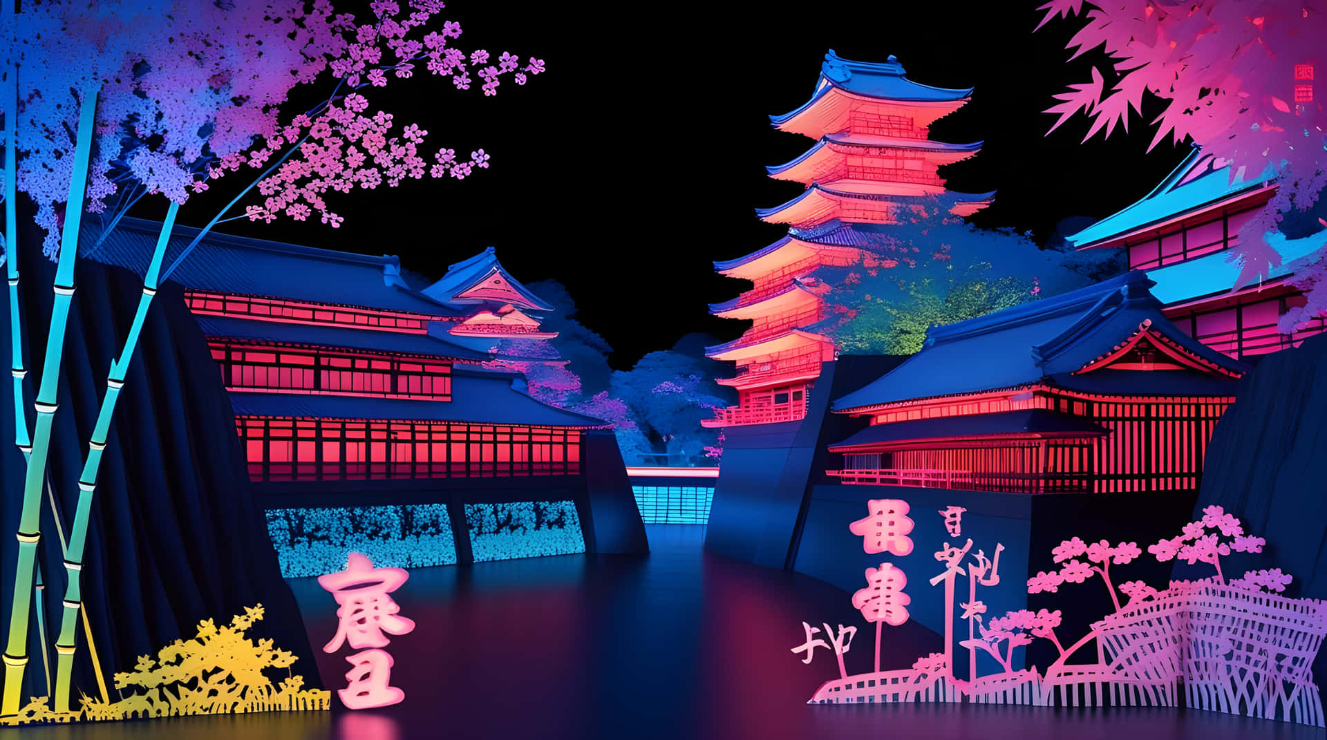 Colourful lighting house in the night seen 壁紙 — 充滿活力的霓虹燈傳統日本寶塔和櫻花在黑暗的夜空下閃耀，水面反射出光芒。