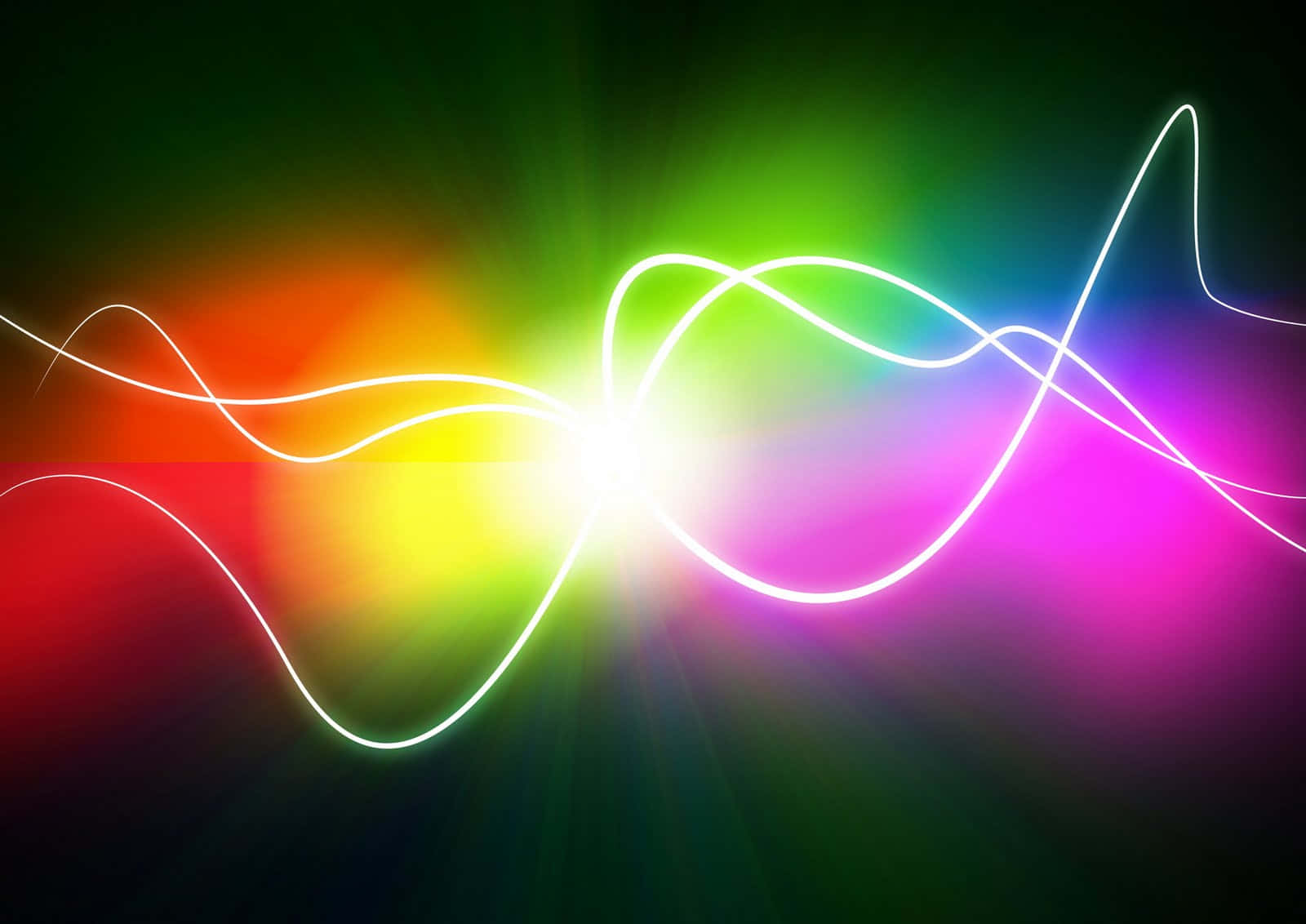 lights 桌布 壁紙 — 充滿活力的霓虹燈光軌跡在黑暗漸變背景上圍繞著燦爛的太陽爆發旋轉。