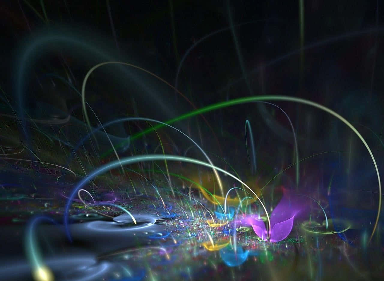 dmt 桌布 壁紙 — 充滿活力的霓虹燈光軌跡在黑暗的抽象背景上旋轉彎曲，帶有發光粒子和紫色花瓣狀形狀。