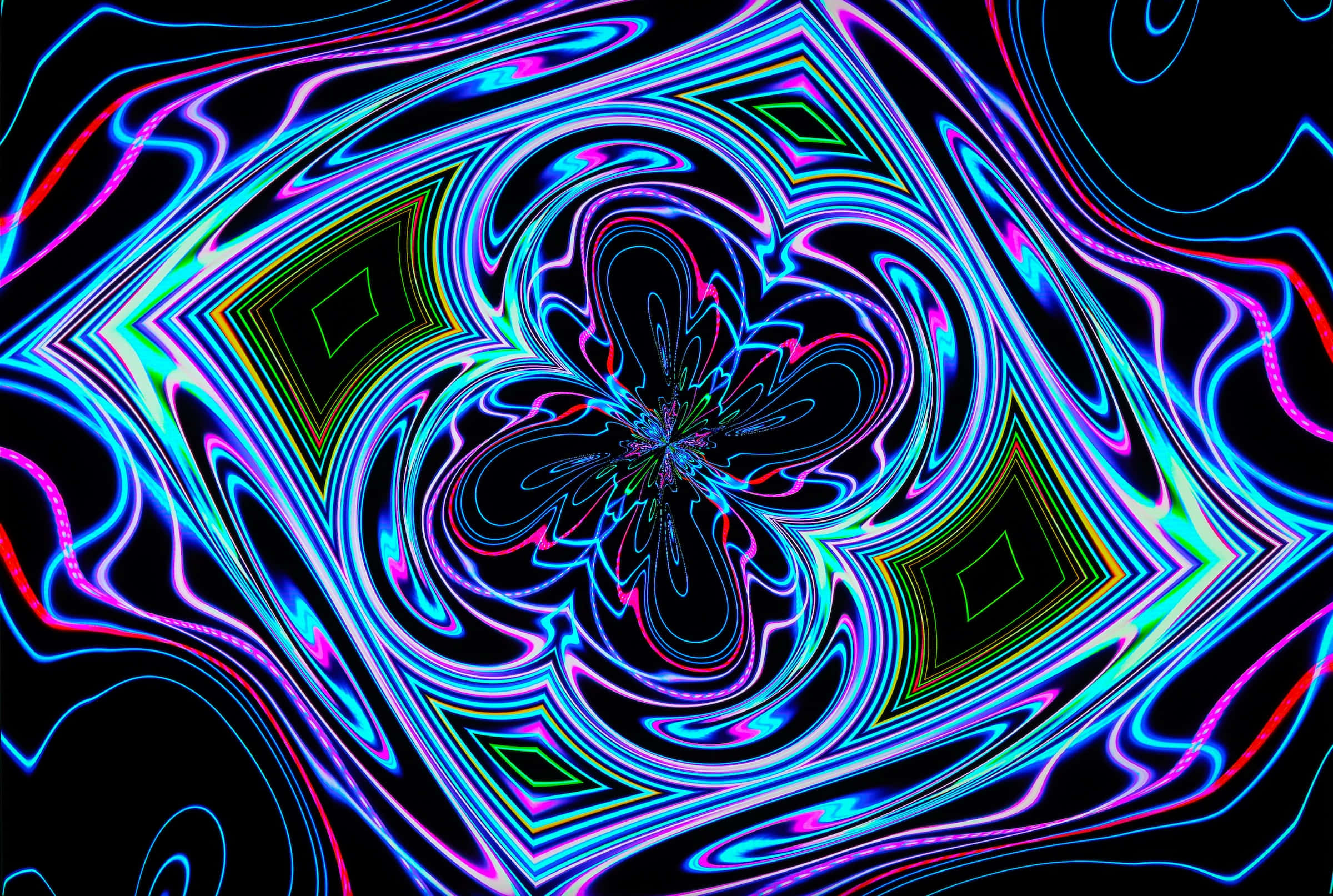 Psychedelic Neon Lights 桌布 壁紙 — 充滿活力的霓虹燈分形圖案在黑色背景上旋轉成催眠般的萬花筒漩渦。