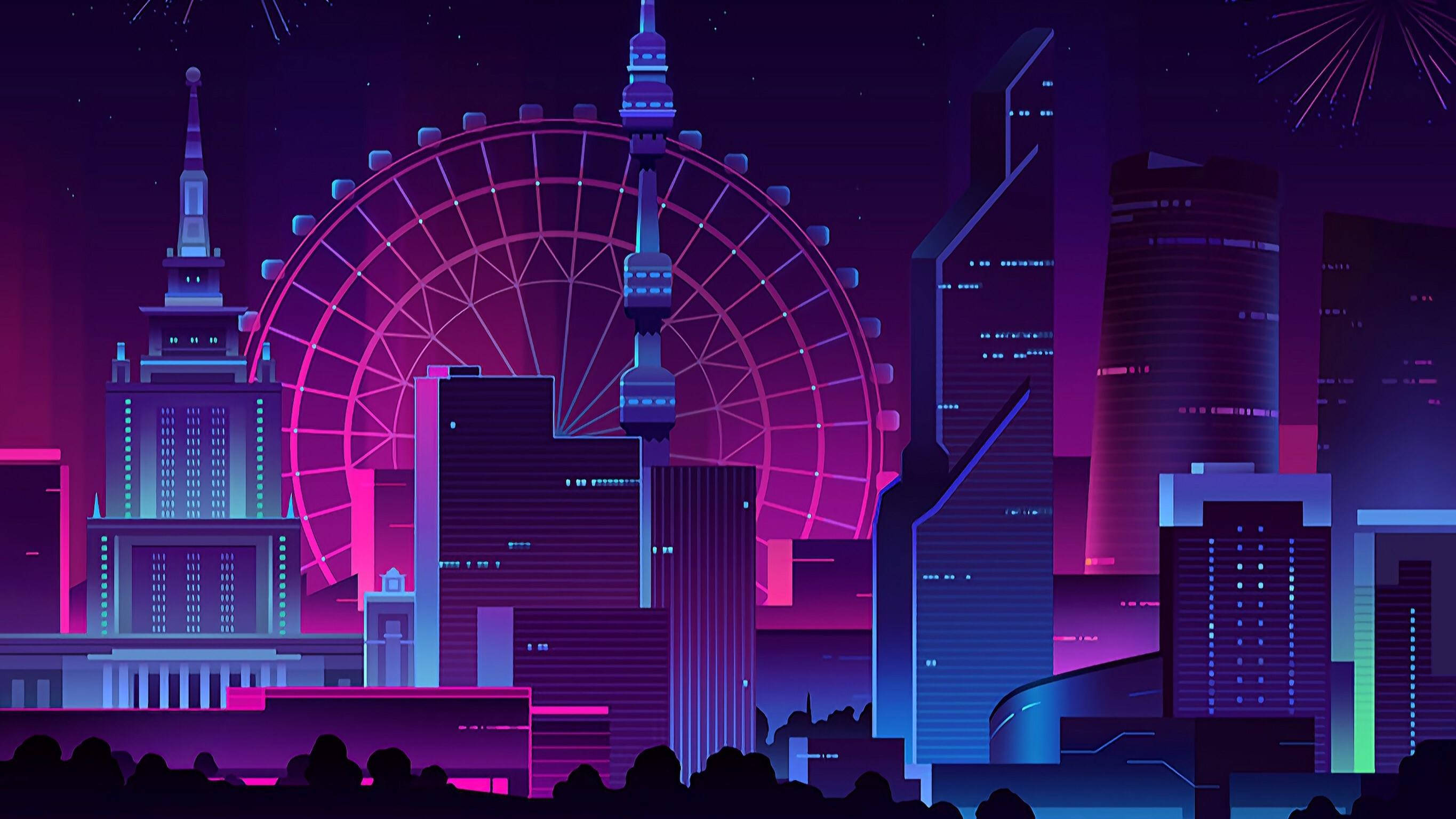 City Night 桌布 壁紙 — 充滿活力的霓虹燈城市夜景，在星空下，一座發光的粉紅色摩天輪聳立於未來主義摩天大樓之上。