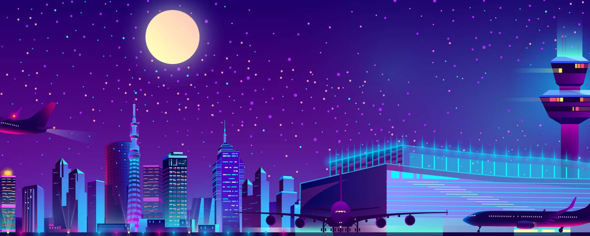 Minimalist Dual Monitor 桌布 壁紙 — 充滿活力的霓虹燈城市夜景，發光的摩天大樓、飛機和滿月映襯著繁星點點的紫色天空。