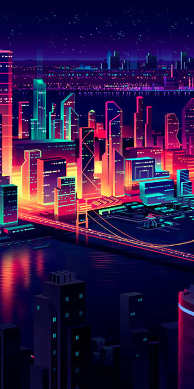 霓虹城市動態圖 桌布 壁紙 — 充滿活力的霓虹燈城市夜景，發光的摩天大樓在星空下的水中倒映。