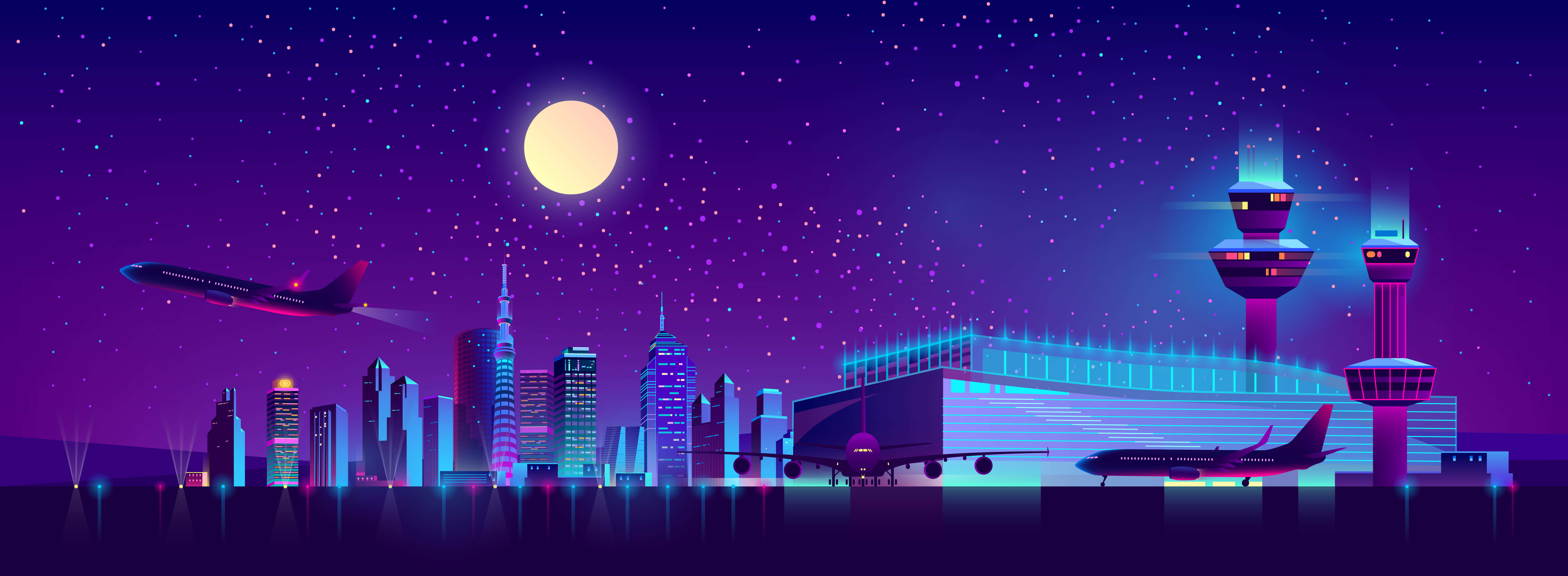 Minimalist Dual Monitor 桌布 壁紙 — 充滿活力的霓虹燈城市夜景，閃爍的摩天大樓和飛機在滿月星空下。