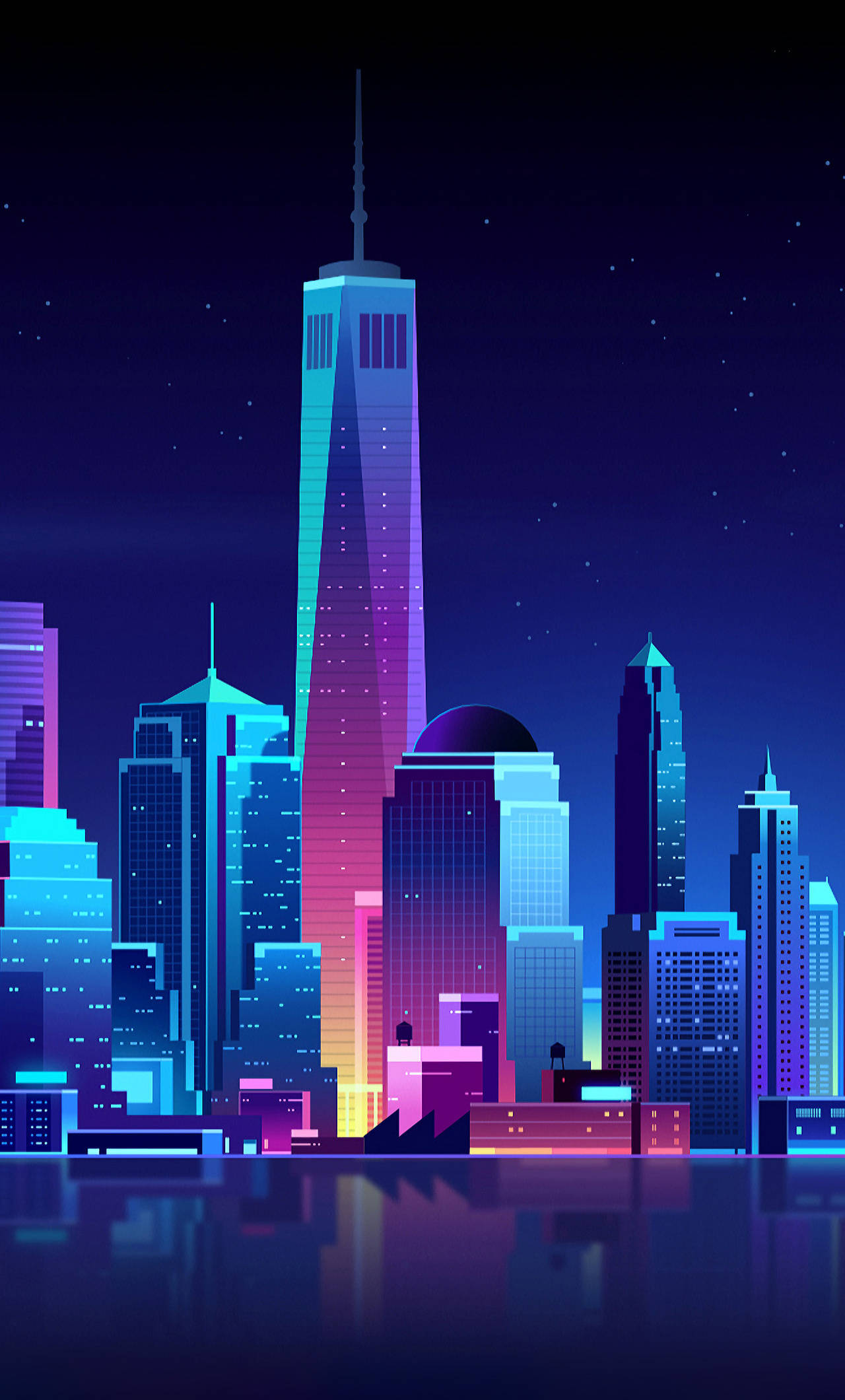 new york city iPhone x 桌布 壁紙 — 充滿活力的霓虹燈城市夜景，高聳的摩天大樓在星空下倒映在水中。