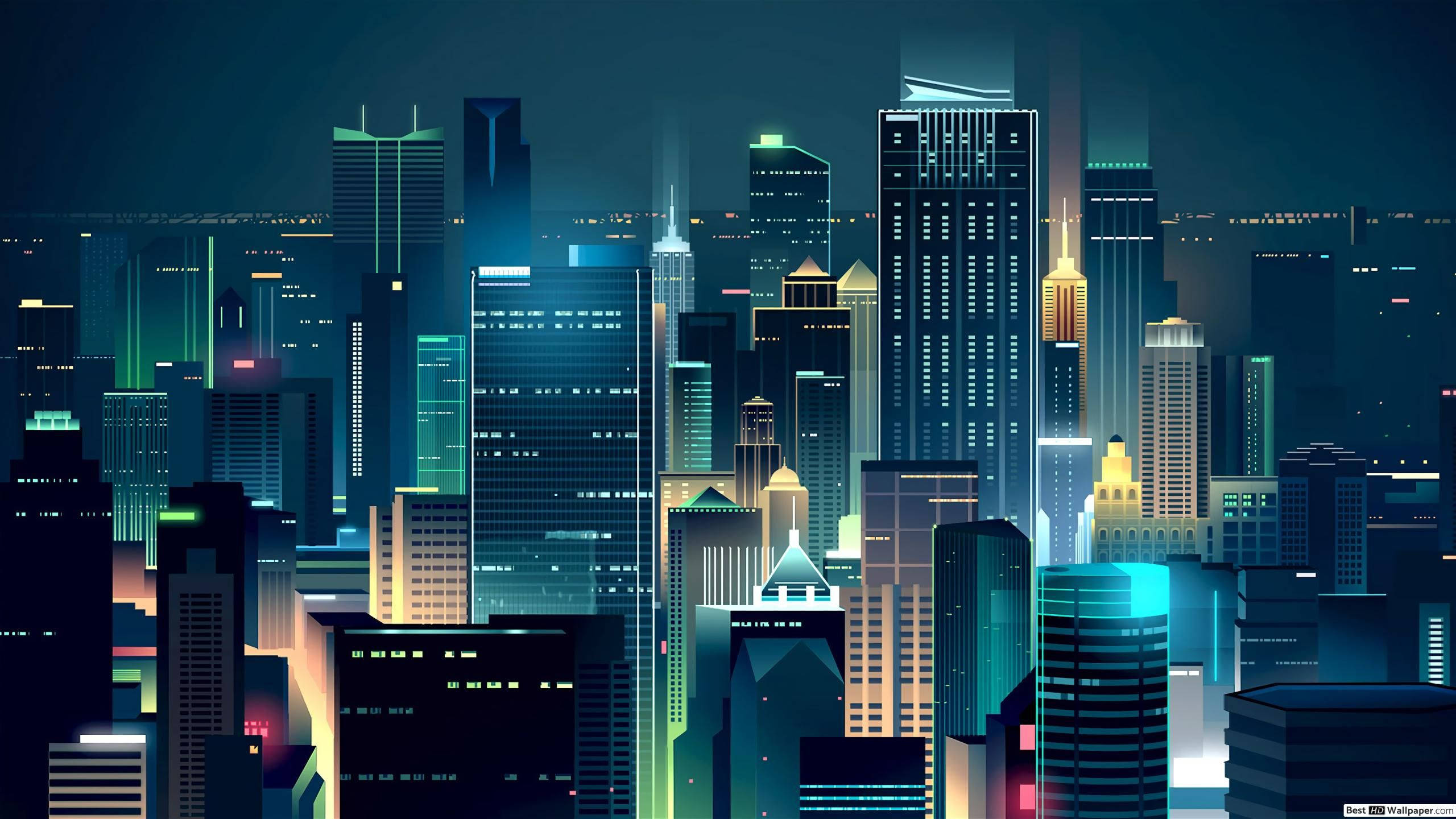 圖片 桌布 壁紙 — 充滿活力的霓虹燈城市夜景，高聳的摩天大樓在黑暗的天空中閃爍著電光藍、綠和黃色。