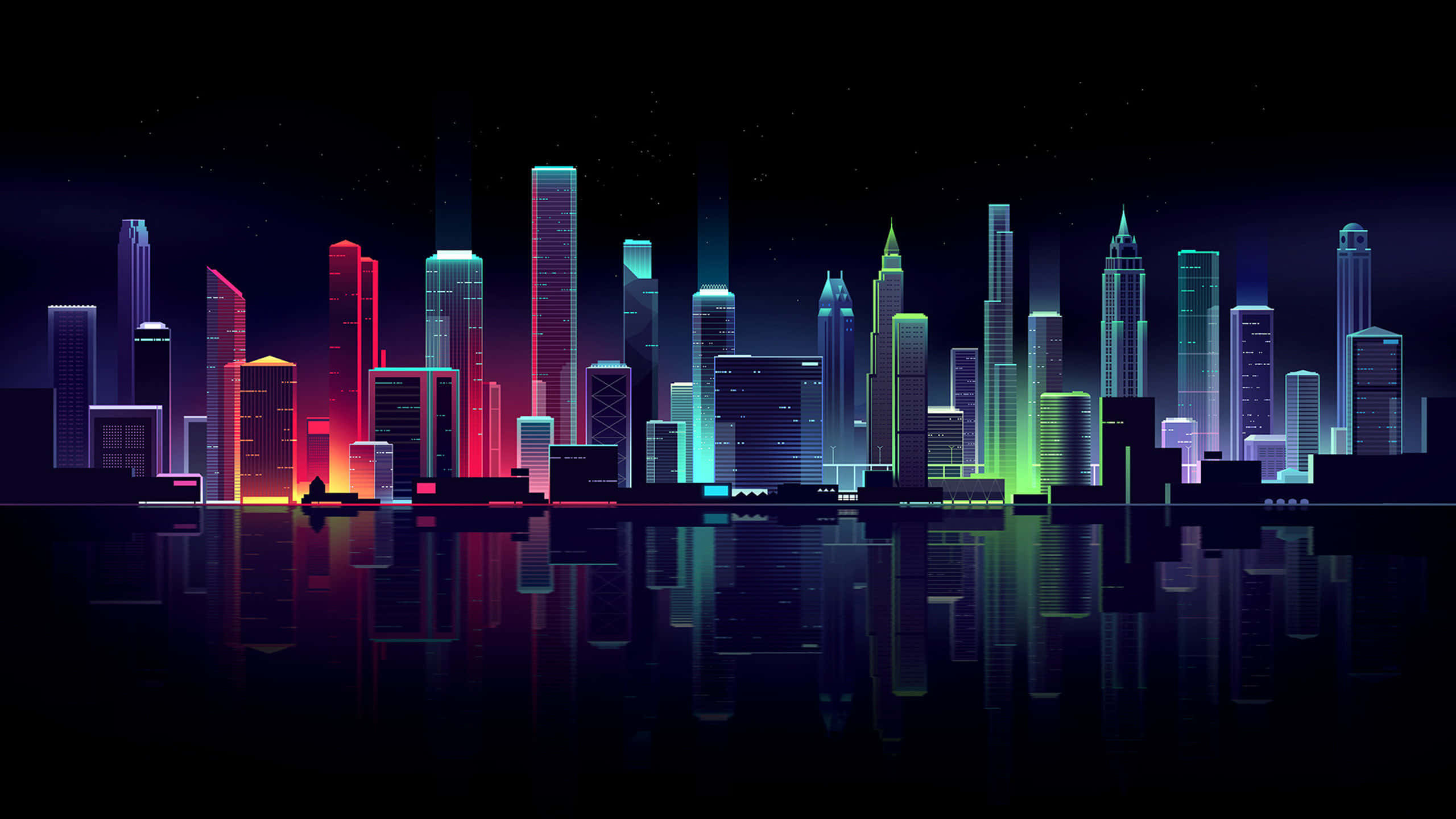 Minimalist Colorful 桌布 壁紙 — 充滿活力的霓虹燈城市天際線夜景，色彩繽紛的摩天大樓倒映在星空下的暗水中。