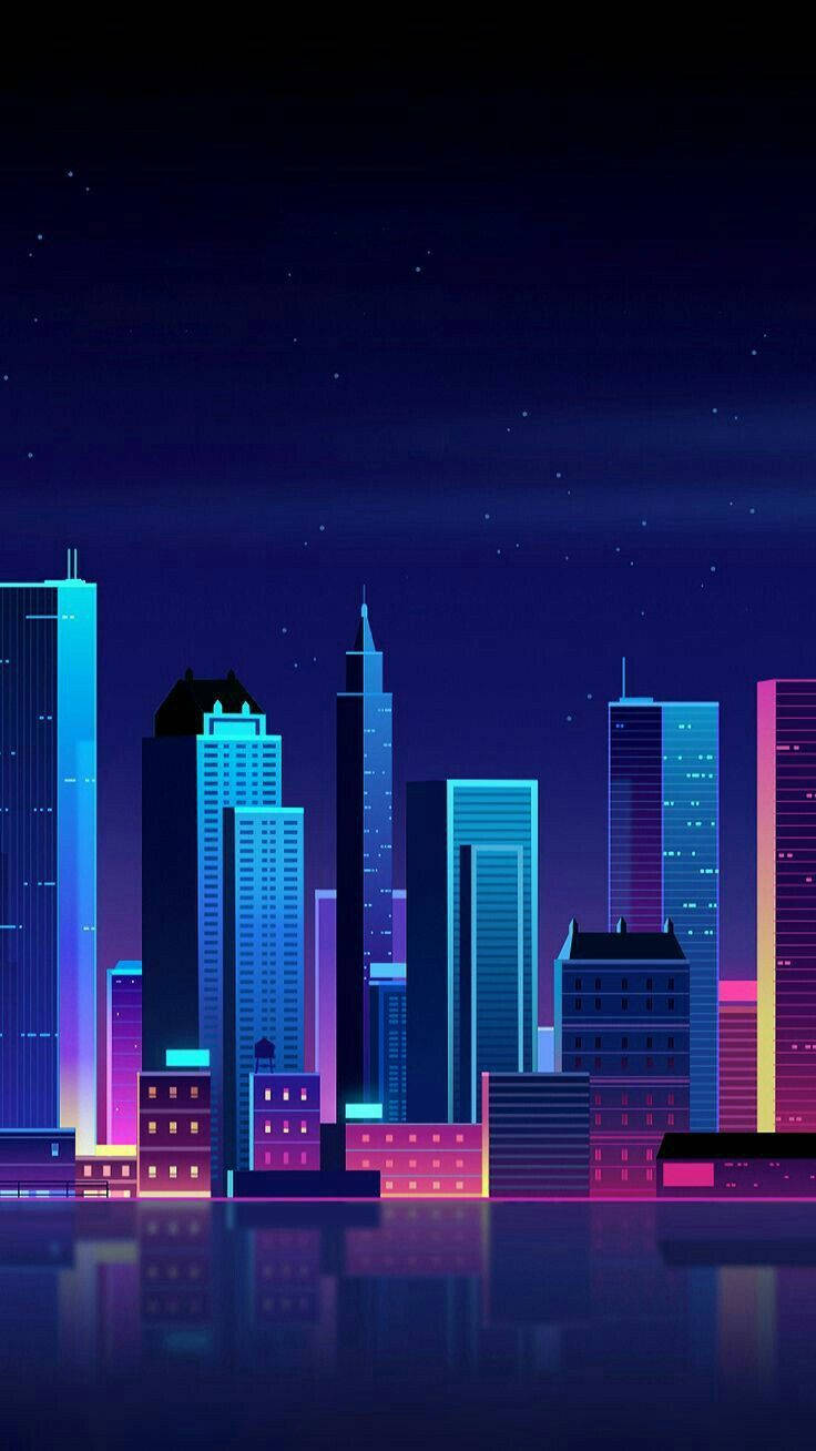 Chill 桌布 壁紙 — 充滿活力的霓虹燈城市天際線夜景，閃爍的摩天大樓倒映在星空下的平靜水面上。