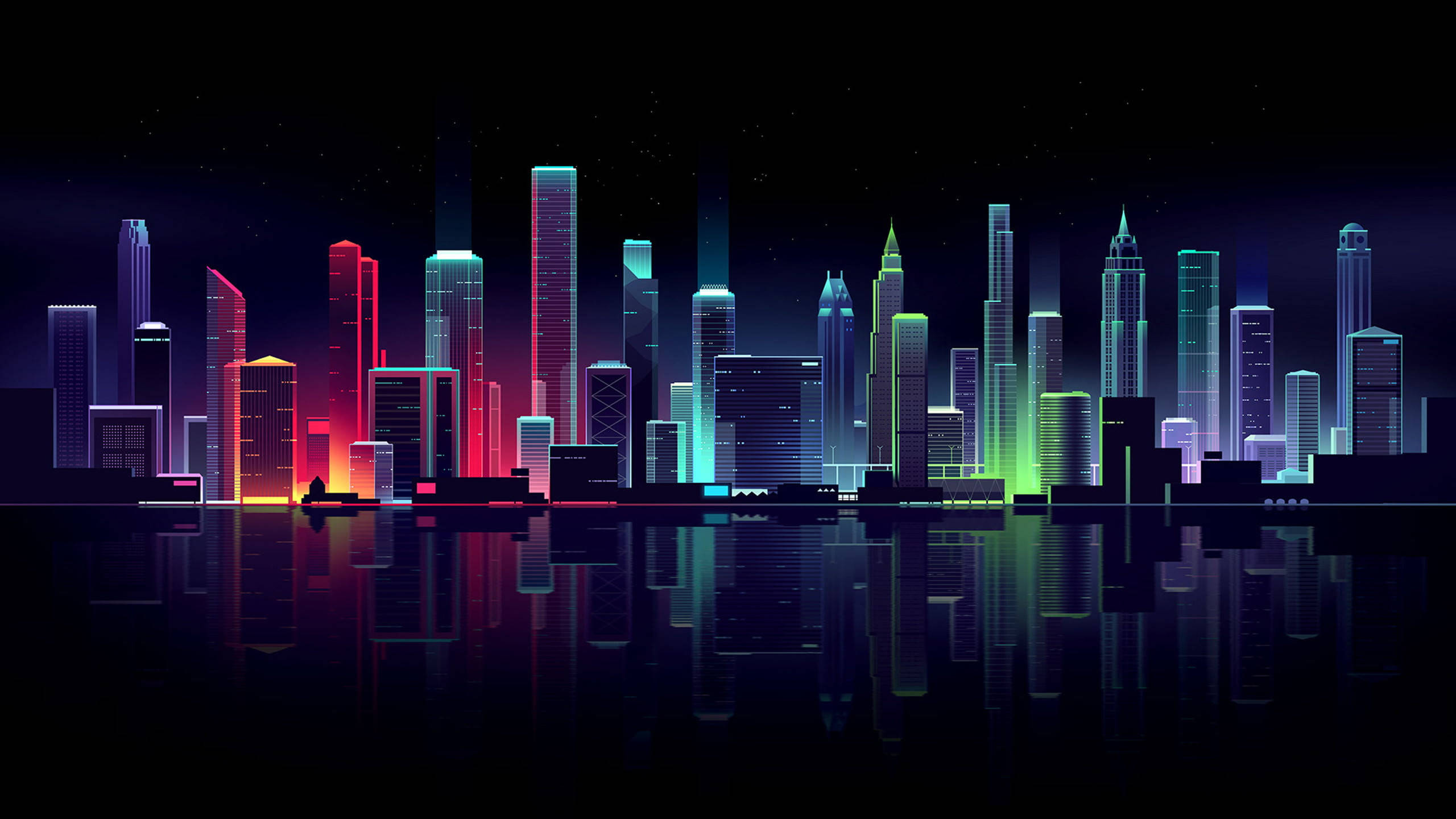 Dark Neon 桌布 壁紙 — 充滿活力的霓虹燈城市天際線夜景，色彩繽紛的摩天大樓在星空下倒映在黑暗的水面上。