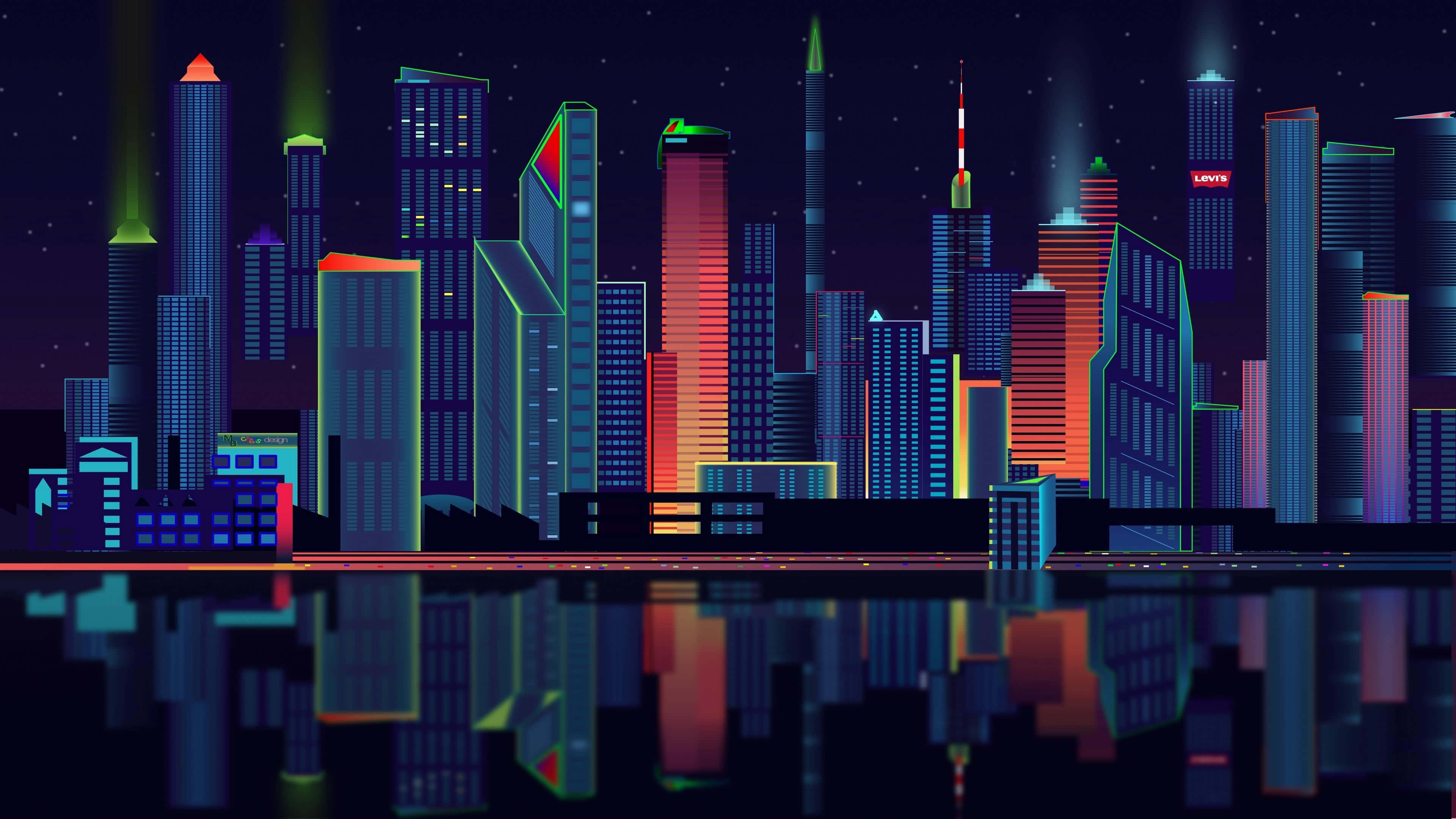 桌布 壁紙 — 充滿活力的霓虹燈城市天際線夜景，色彩繽紛的摩天大樓在星空下倒映在黑暗的水面上。