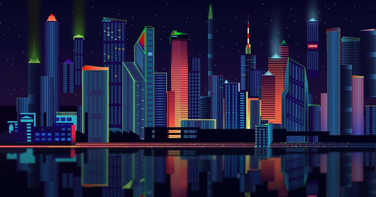 720p 桌布 壁紙 — 充滿活力的霓虹燈城市天際線夜景，色彩繽紛的摩天大樓在星空下倒映在水中。