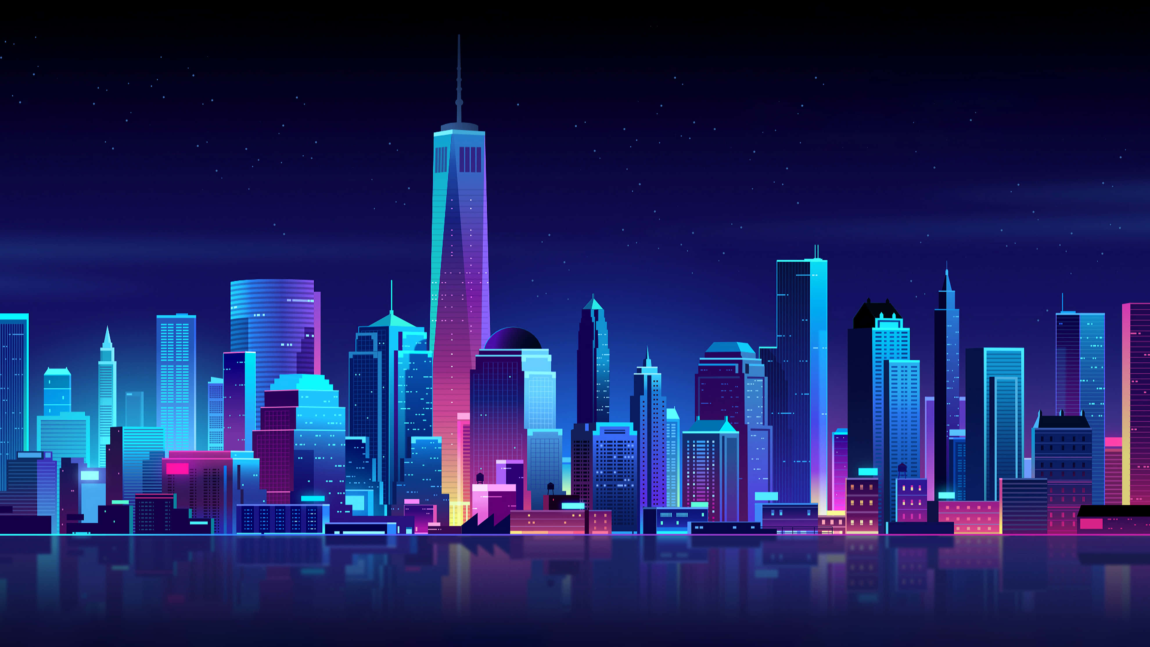 New York City Landscape 桌布 壁紙 — 充滿活力的霓虹燈城市天際線夜景，閃爍的摩天大樓在星空下倒映在水中。