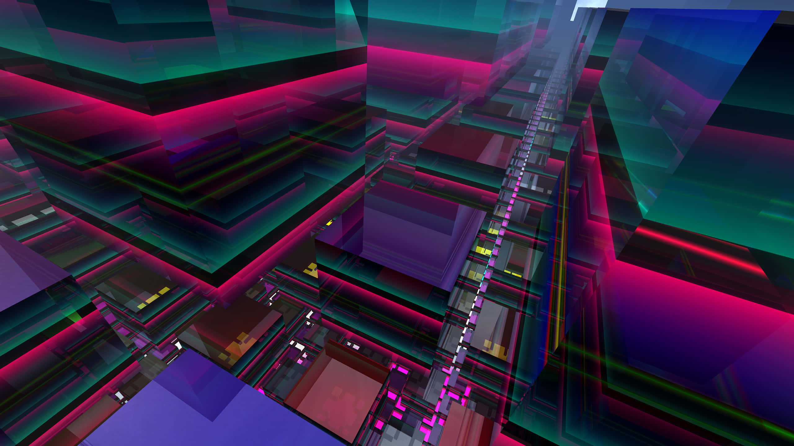 3d Abstract 桌布 壁紙 — 充滿活力的霓虹燈幾何形狀塊形成一個未來感的數位隧道，帶有發光的洋紅色和藍綠色邊緣。