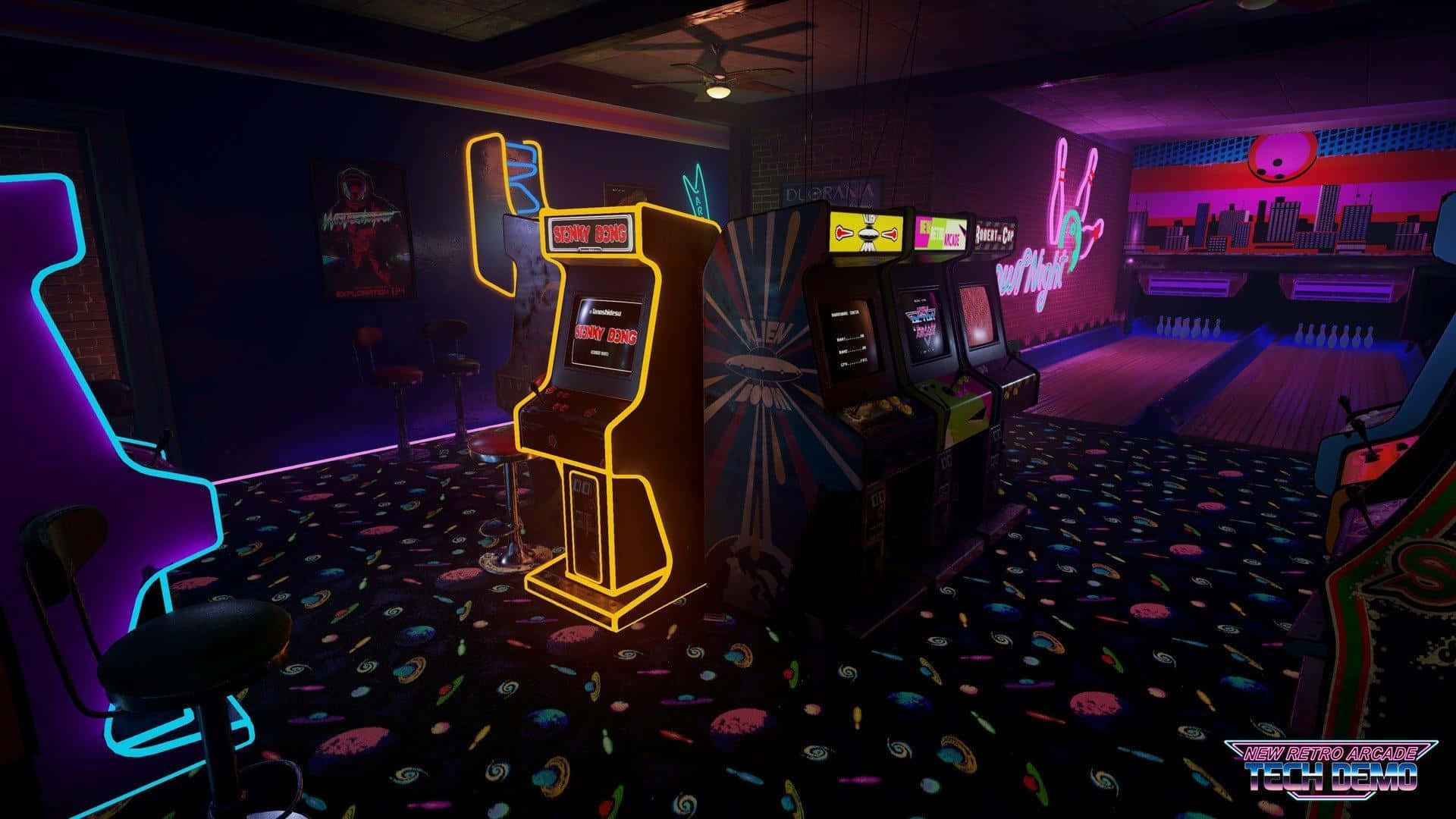 Arcade Aesthetic 桌布 壁紙 — 充滿活力的霓虹燈復古遊戲機房，在昏暗的環境燈光下，發光的機器和宇宙圖案地毯。