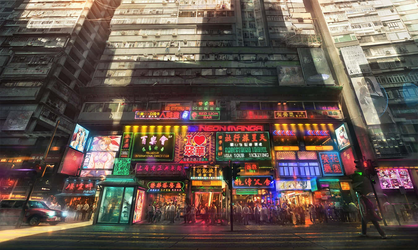 Building 桌布 壁紙 — 充滿活力的霓虹燈招牌照亮了夜晚繁華的都市街道，人群熙攘，高樓林立。