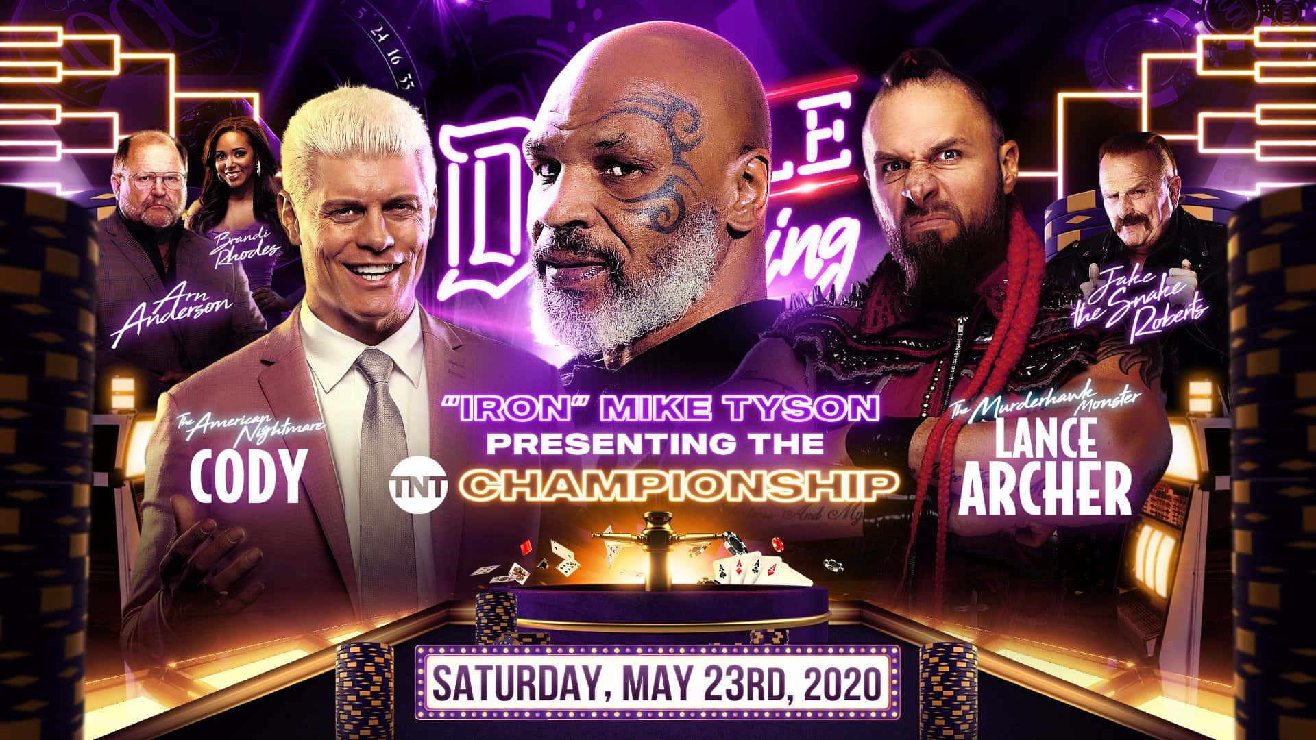 摔角 桌布 壁紙 — 充滿活力的霓虹燈摔角錦標賽海報， featuring Mike Tyson 和 Lance Archer，帶有籌碼和發光文字。