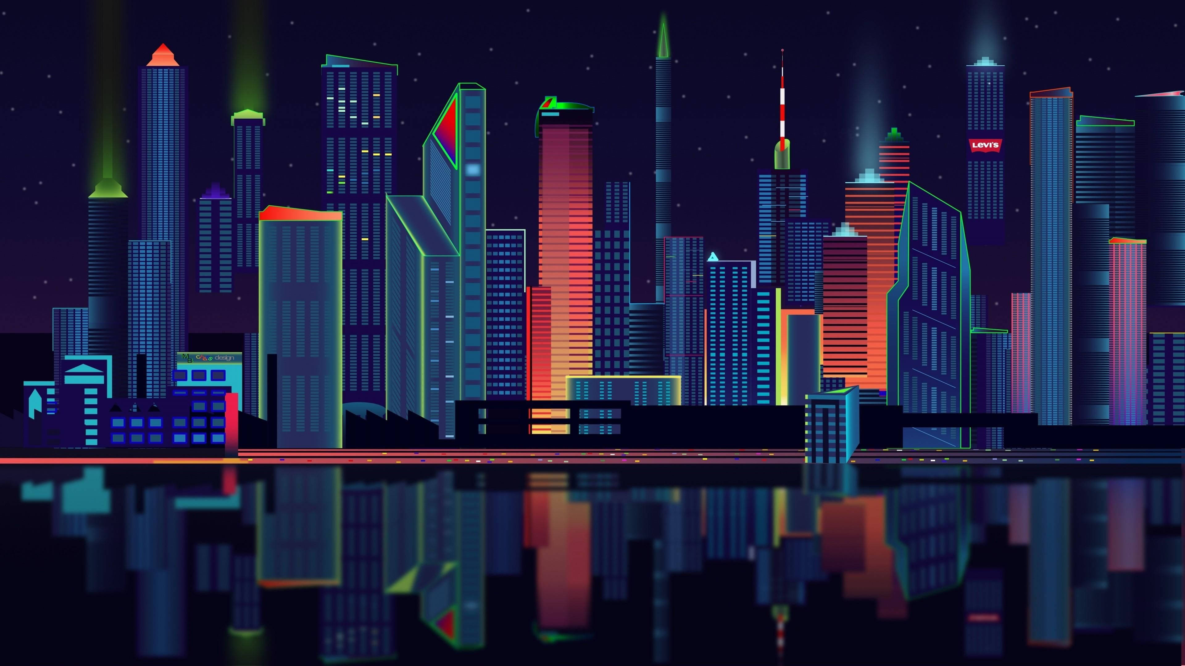 lights 桌布 壁紙 — 充滿活力的霓虹燈摩天大樓在平靜的水面上倒映，星空下的夜晚，風格化的數位城市景觀。