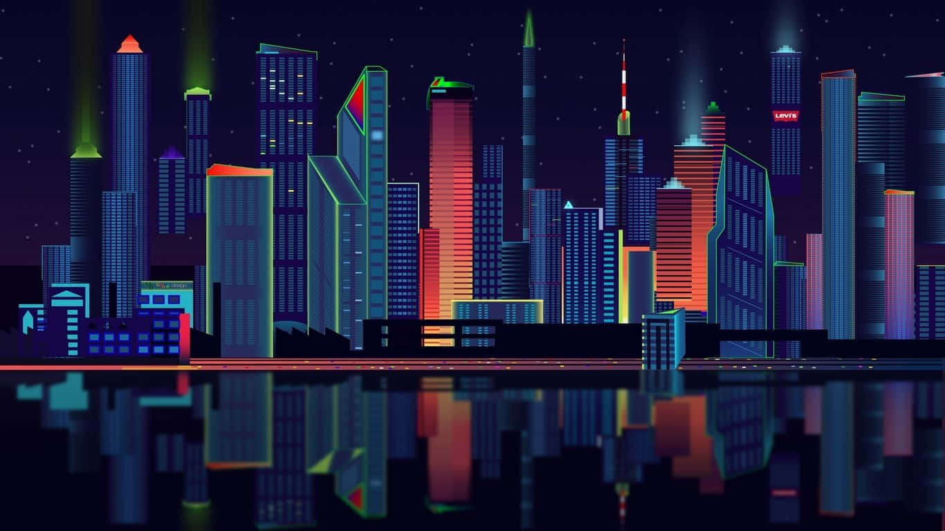 1366x768 Empire State Building 桌布 壁紙 — 充滿活力的霓虹燈摩天大樓在平靜的水面上倒映，星空下的風格化數位城市景觀。